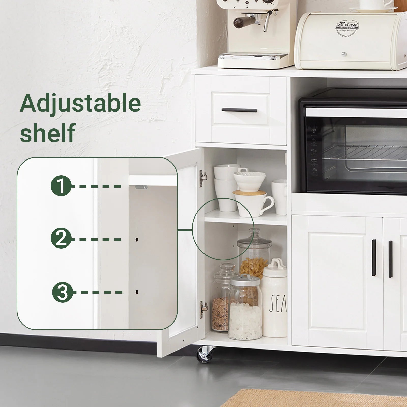 Verplaatsbare Keukentrolley met Wieltjes – Dressoir met Magnetronkast & Lade – Wit MDF Keukenkastje