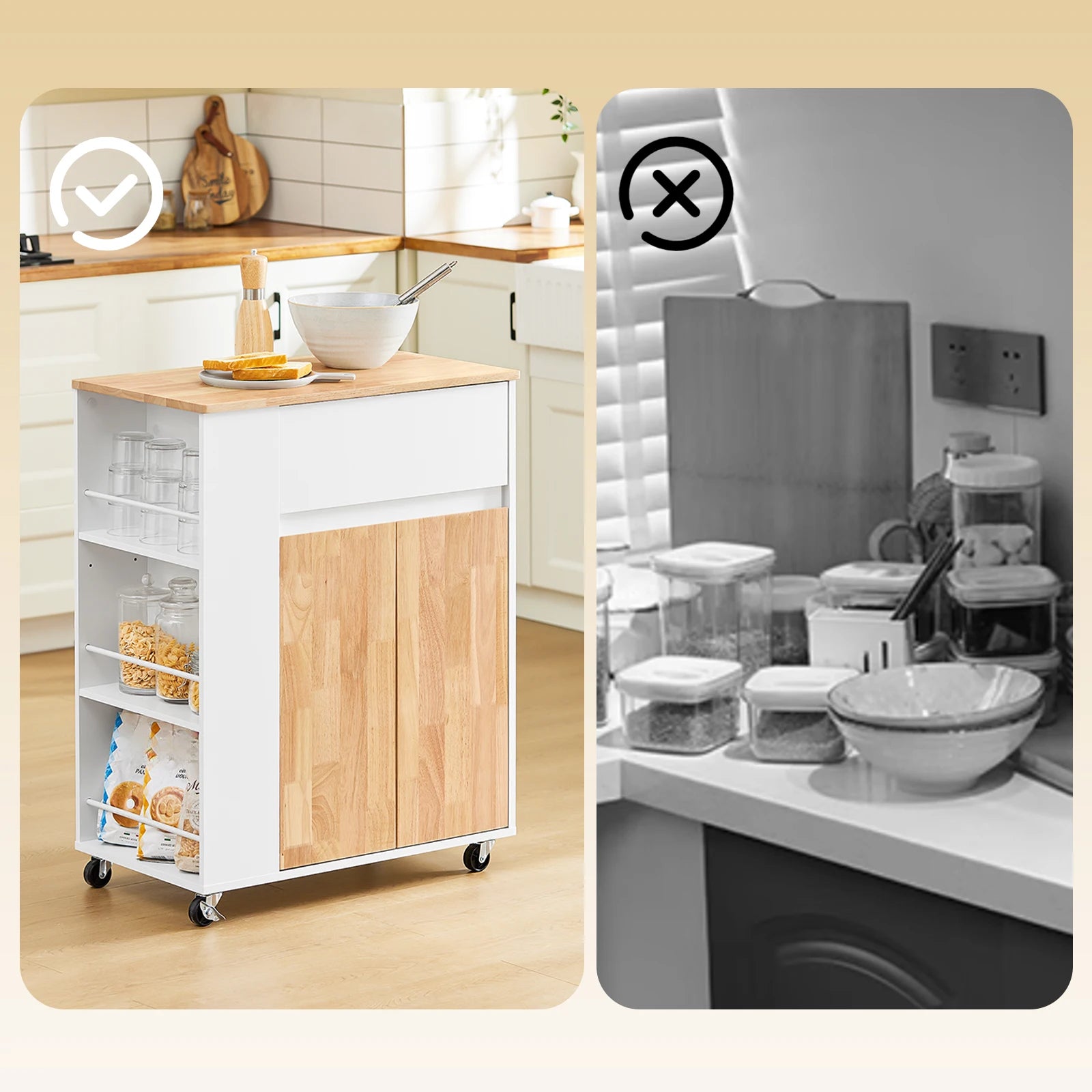 Witte keukentrolley met rubberen houten blad en wielen – multifunctionele serveerwagen