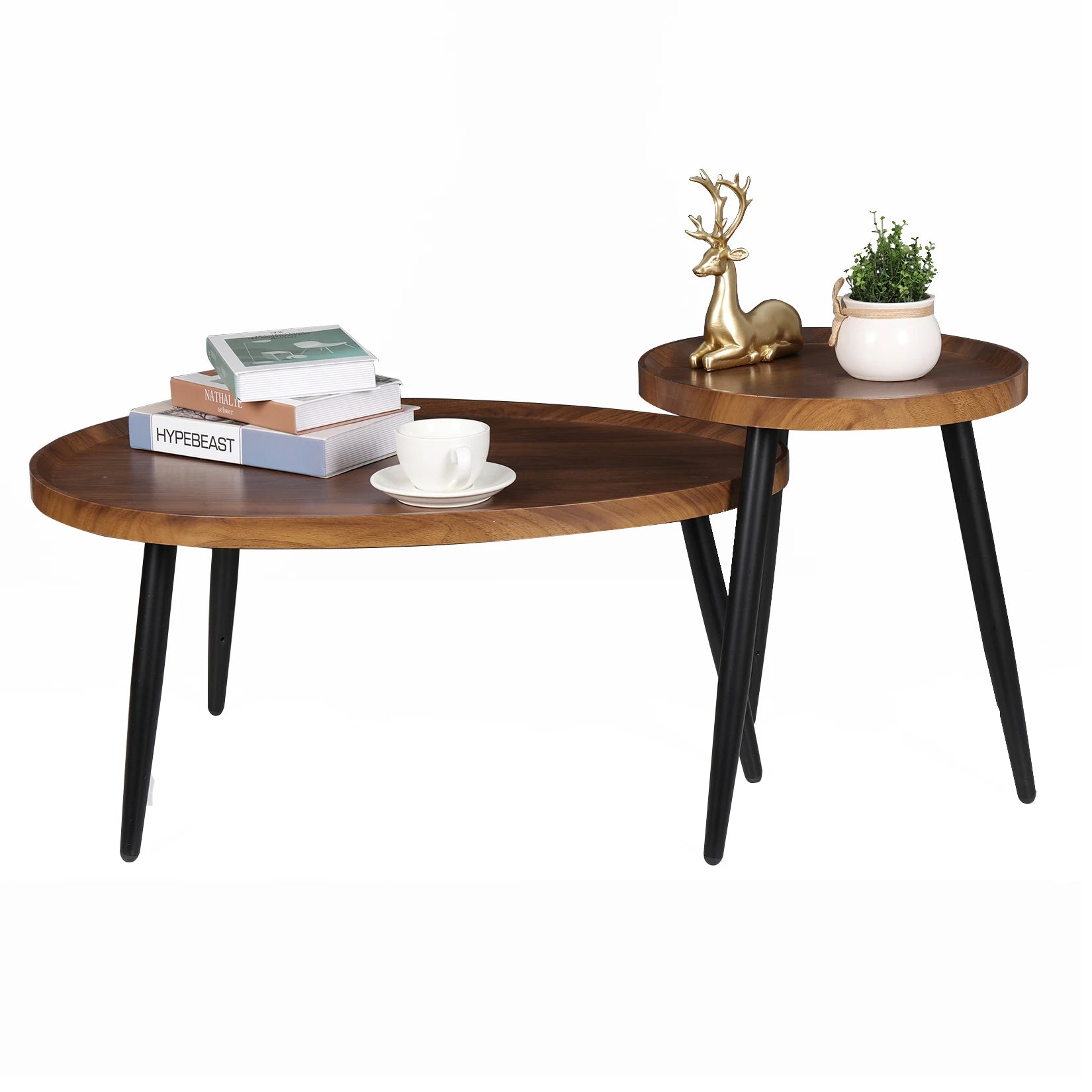 Moderne Set van 2 Ronde Salontafels – Nesting Bijzettafels met Houtlook Blad en Zwarte Metalen Poten – Industriële Salontafel Set