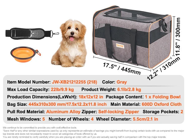 Opvouwbare Reismand voor Kat & Hond met Wieltjes – Comfortabele Trolley Draagtas tot 15,8 kg