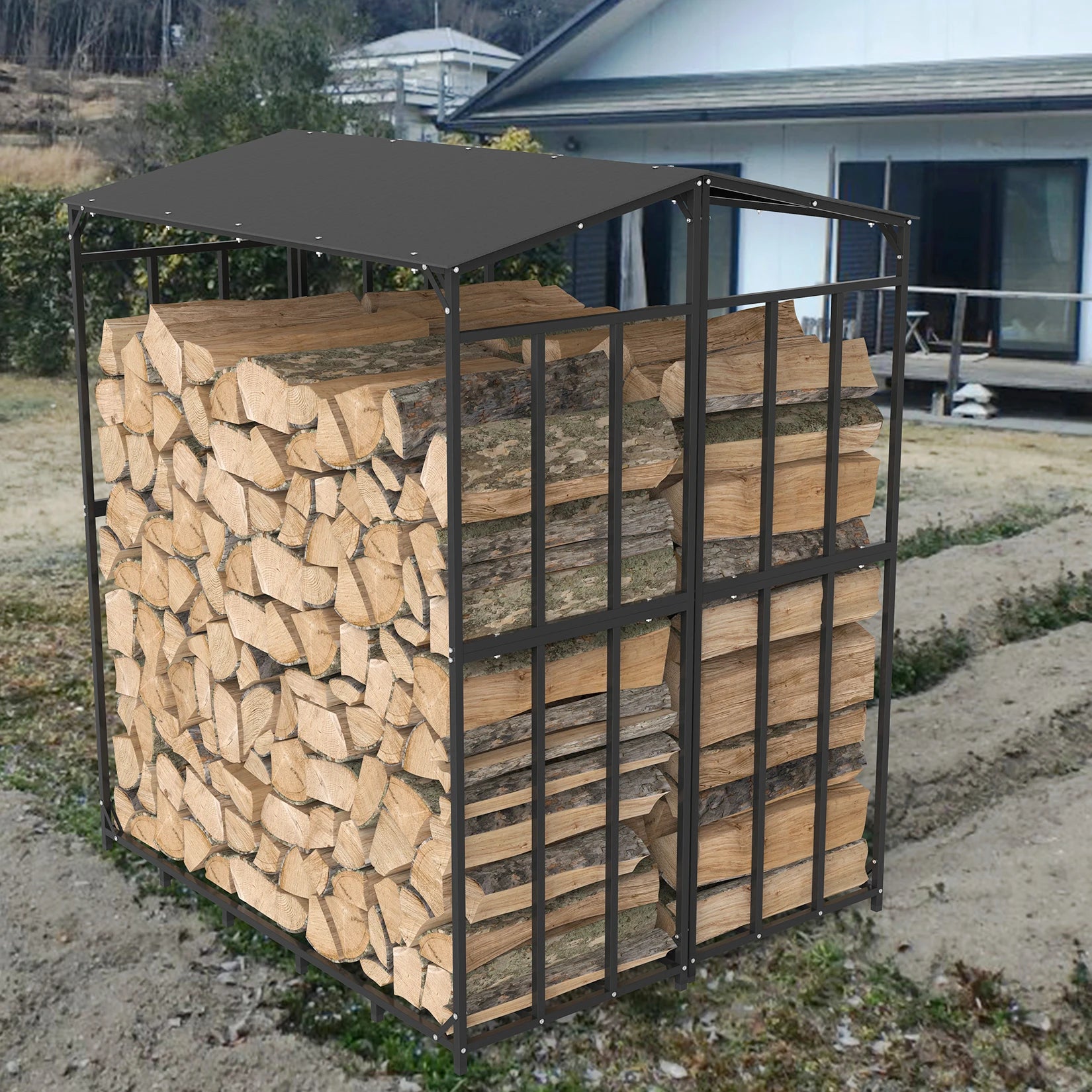 XXL Metalen Haardhoutrek met Dak en Beschermhoes – Heavy Duty Houtopslag voor Buiten, Tuin en Terras