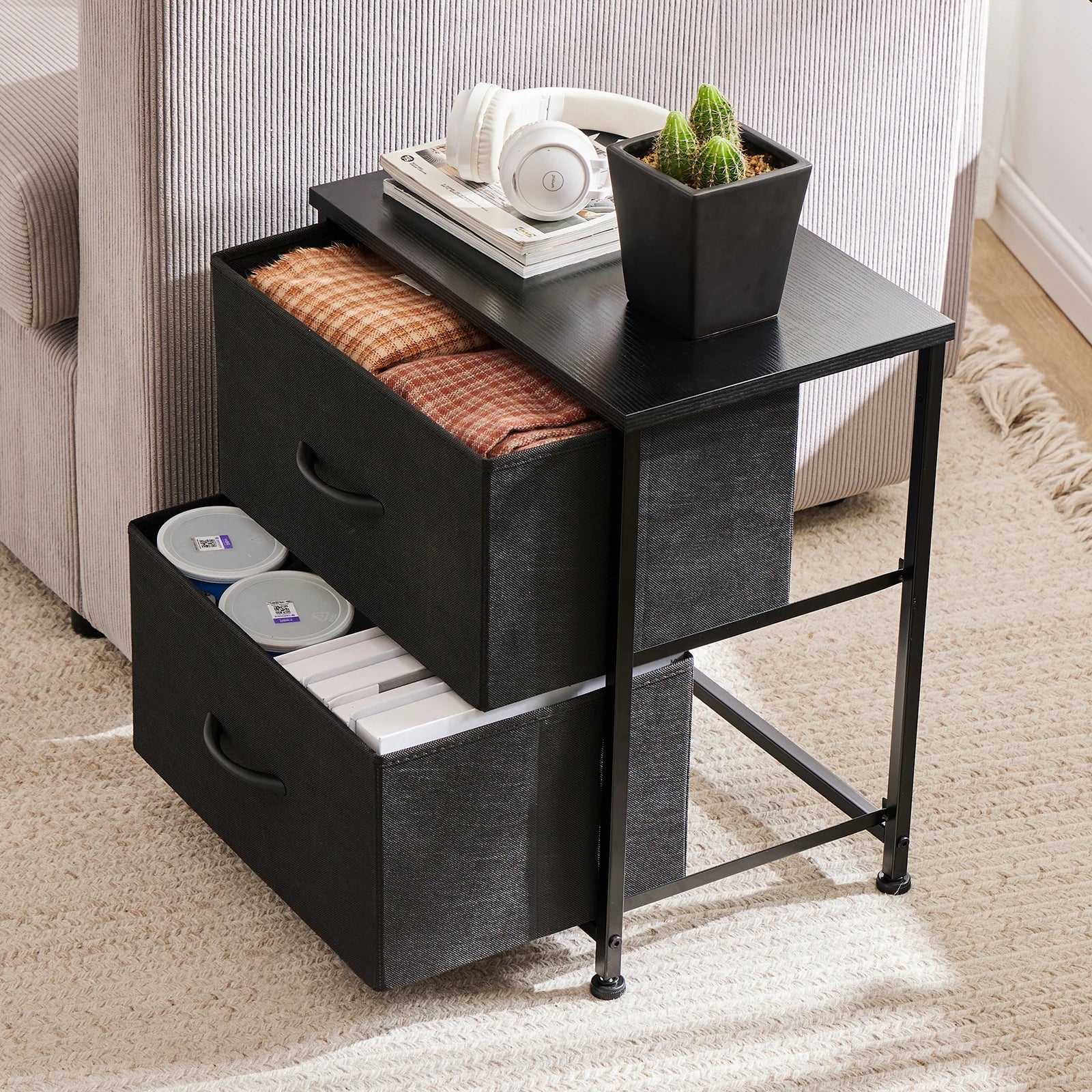 Multifunctioneel Nachtkastje met 2 Stoffen Lades – Modern Bijzettafel voor Slaapkamer en Woonkamer