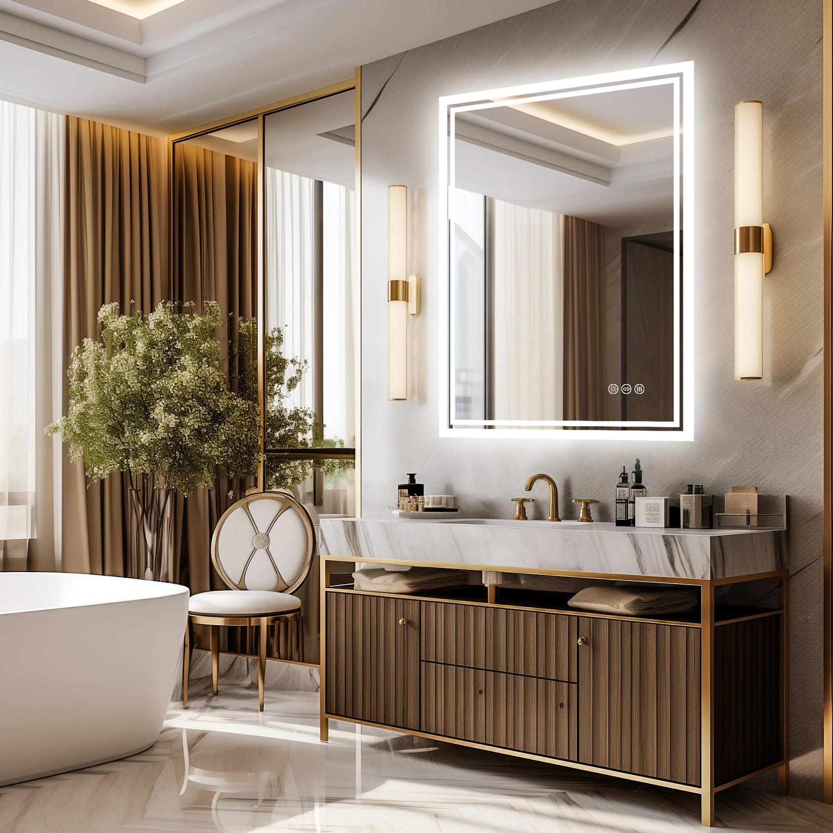 LED Badkamerspiegel met Verlichting – Dimbaar, Anti-Condens, Touch Bediening, IP65 Waterbestendig, Warm & Koel Licht