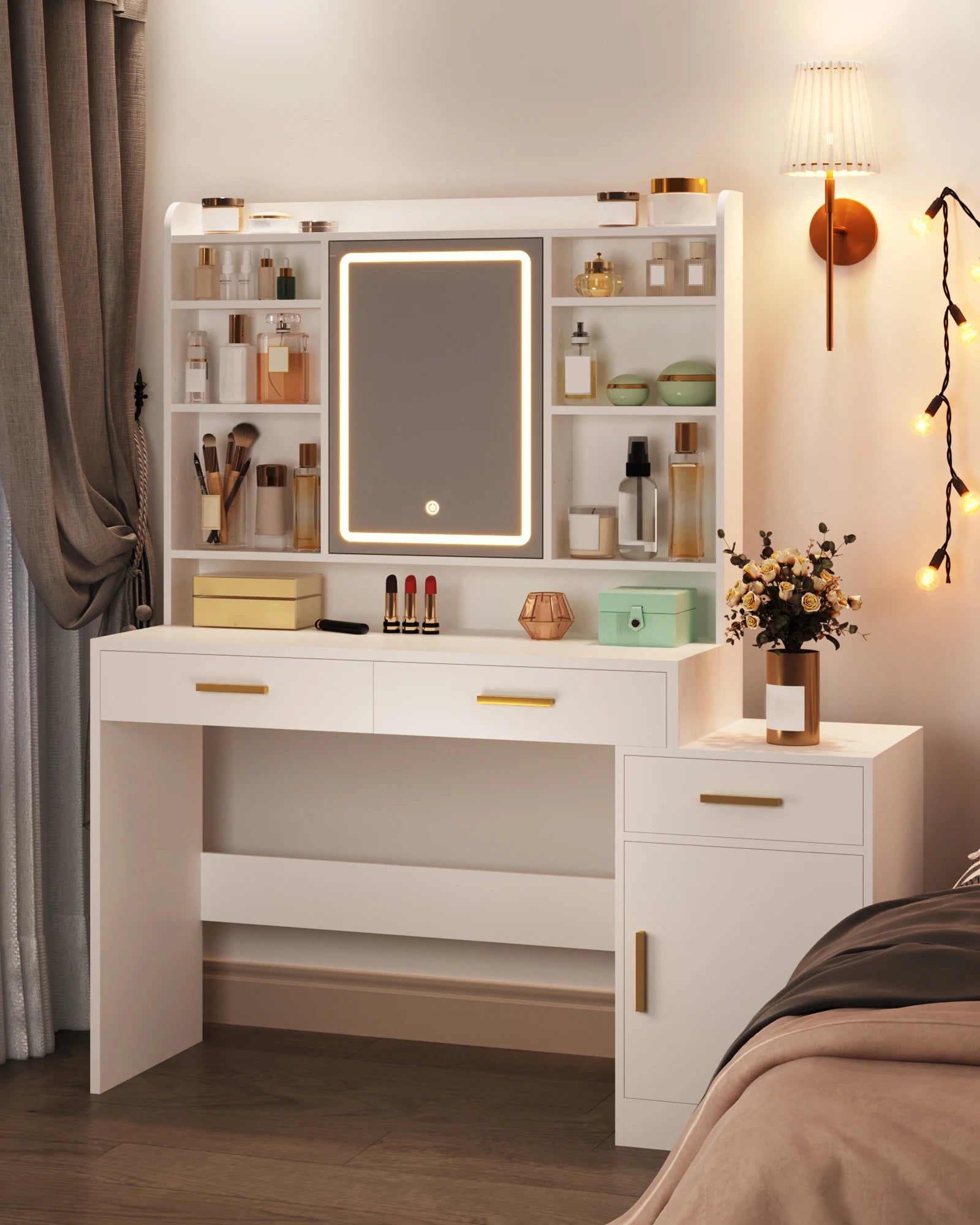 Kaptafel met LED Spiegel en Opbergruimte – Moderne Make-up Tafel met 3 Laden, Kast en Schappen – Witte Dressing Table voor Slaapkamer