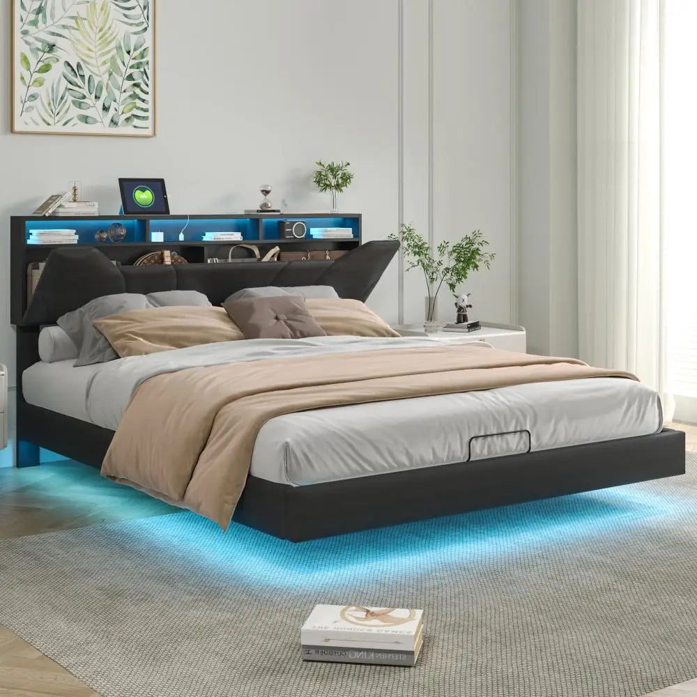 Tweepersoonsbed 140x200 met LED‑verlichting, USB‑poorten en royale opbergruimte