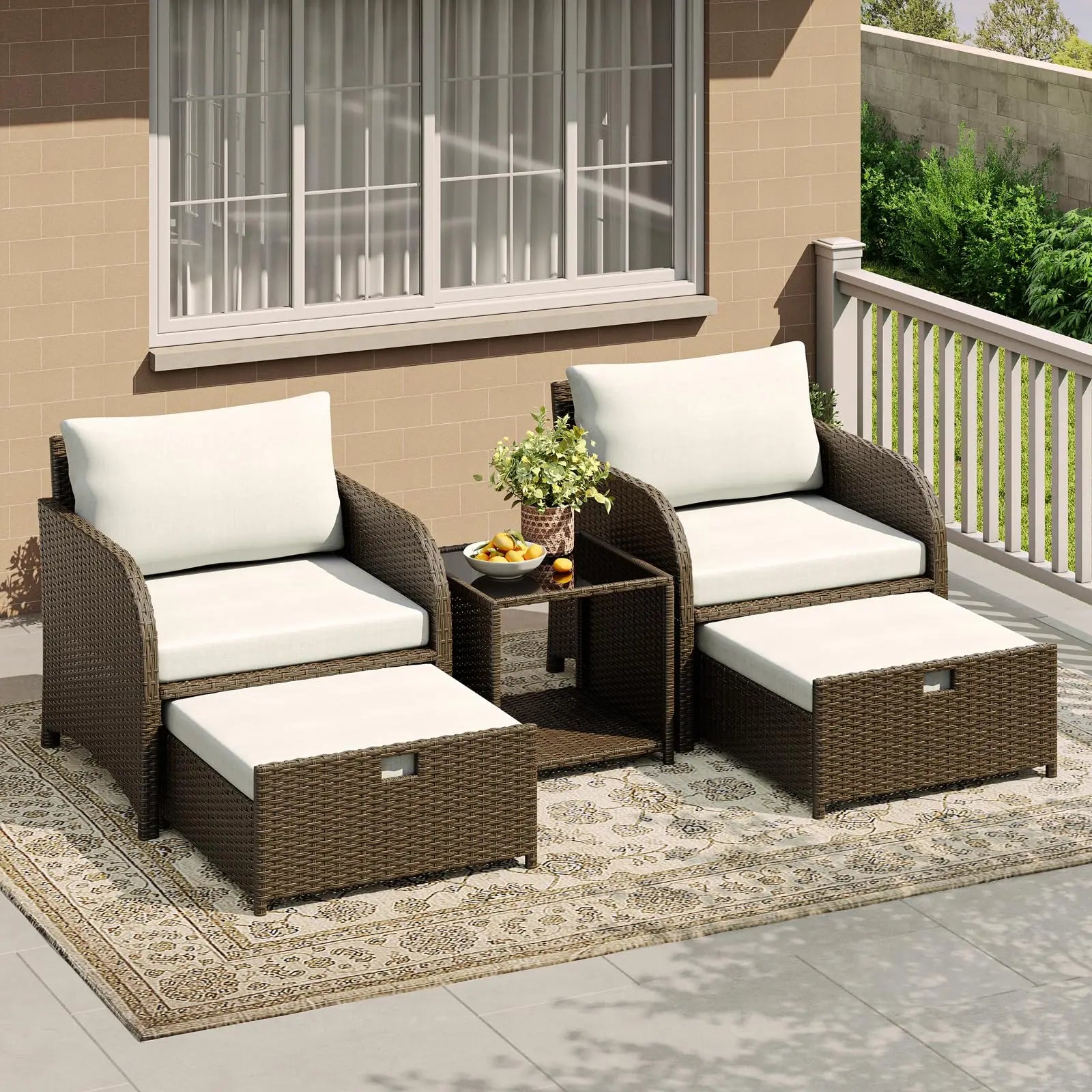 5-Delige Rotan Loungeset met Voetenbanken & Glazen Tafel – Tuinset voor Balkon, Terras & Tuin