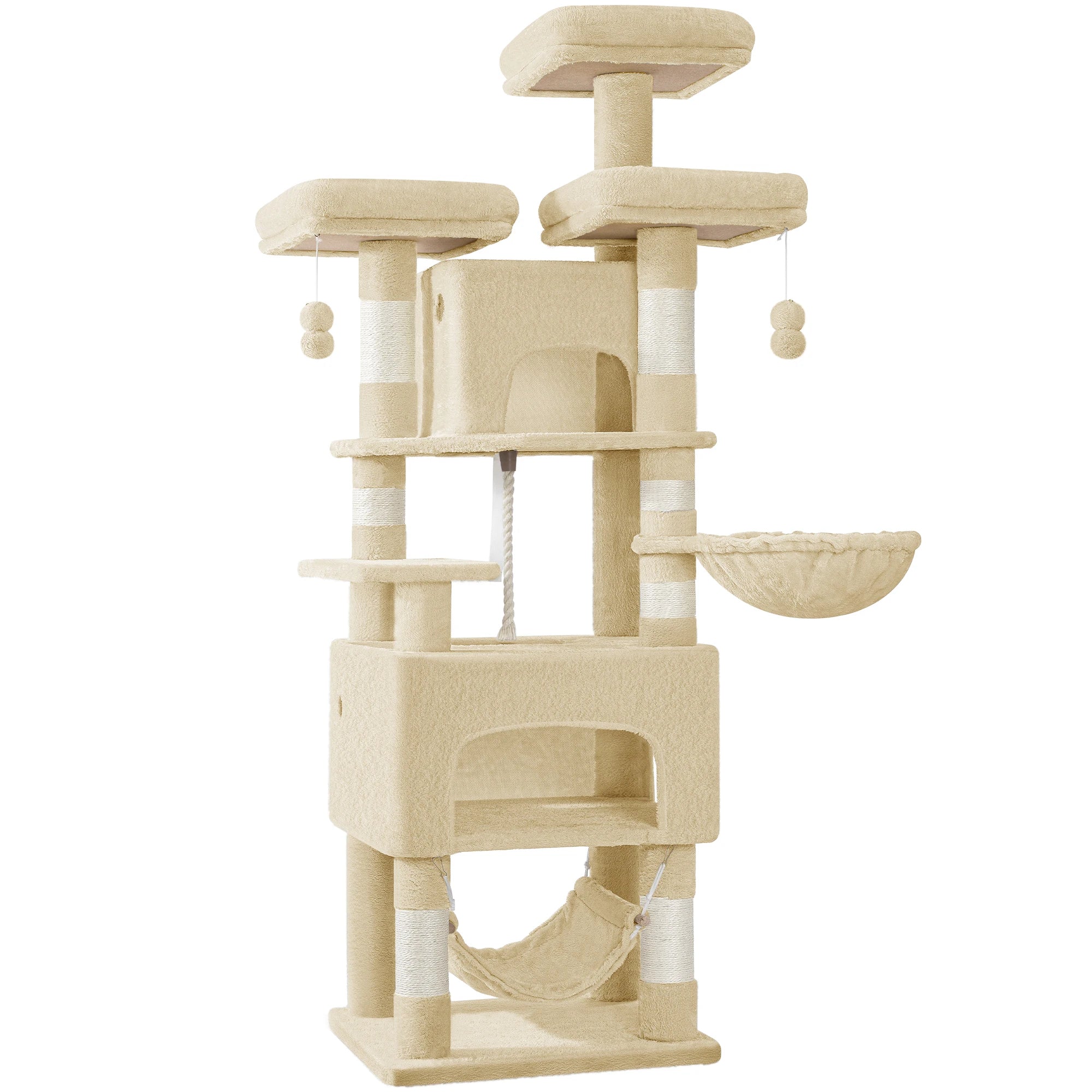XL Kattenboom 176 cm – Krabpaal met 3 Plateaus, 2 Huisjes & Hangmat – Stevige Kattenkrabpaal voor Meerdere Katten