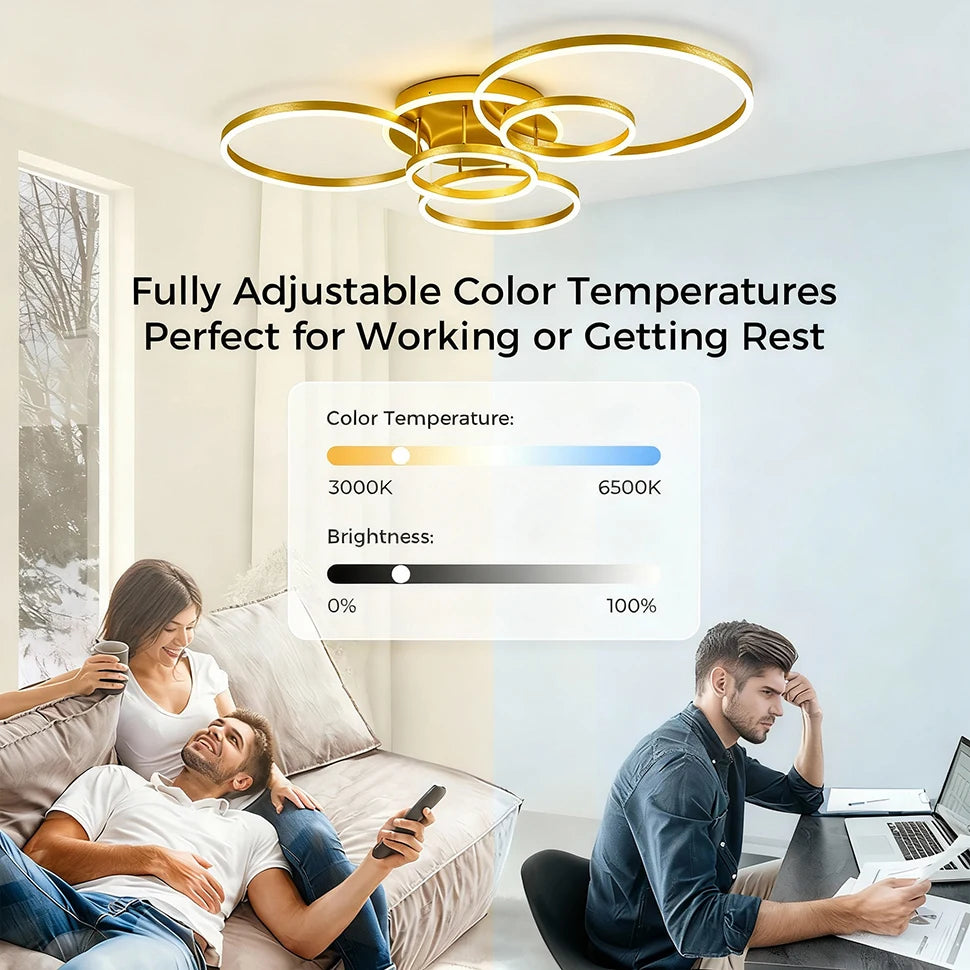 Moderne LED Plafondlamp met Ringen – Dimbare Smart Hanglamp met Afstandsbediening & App – Luxe Design voor Woonkamer & Slaapkamer