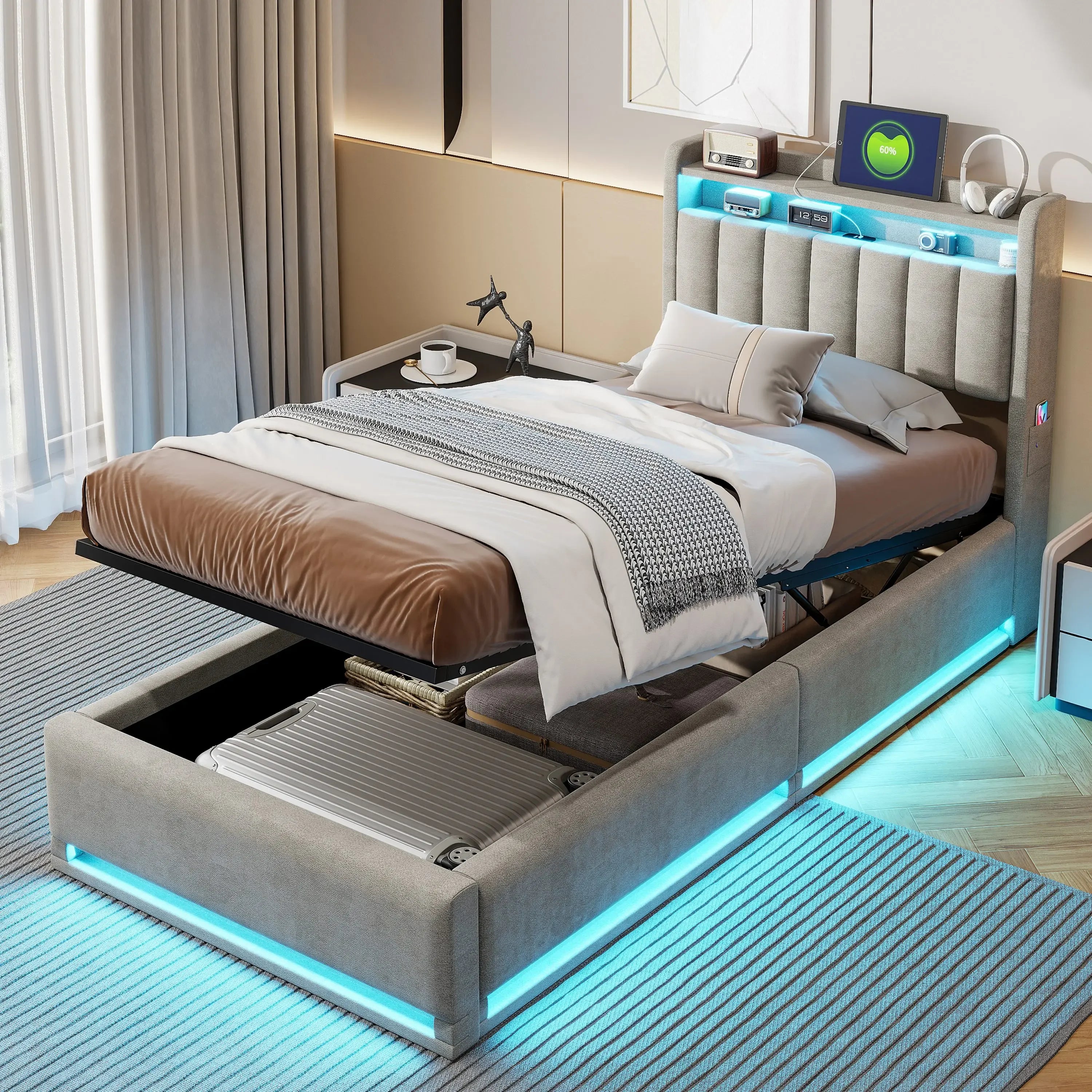 Tweepersoonsbed met geïntegreerde LED‑verlichting, USB‑oplaadfuncties en opbergruimte – Modern en functioneel bedframe