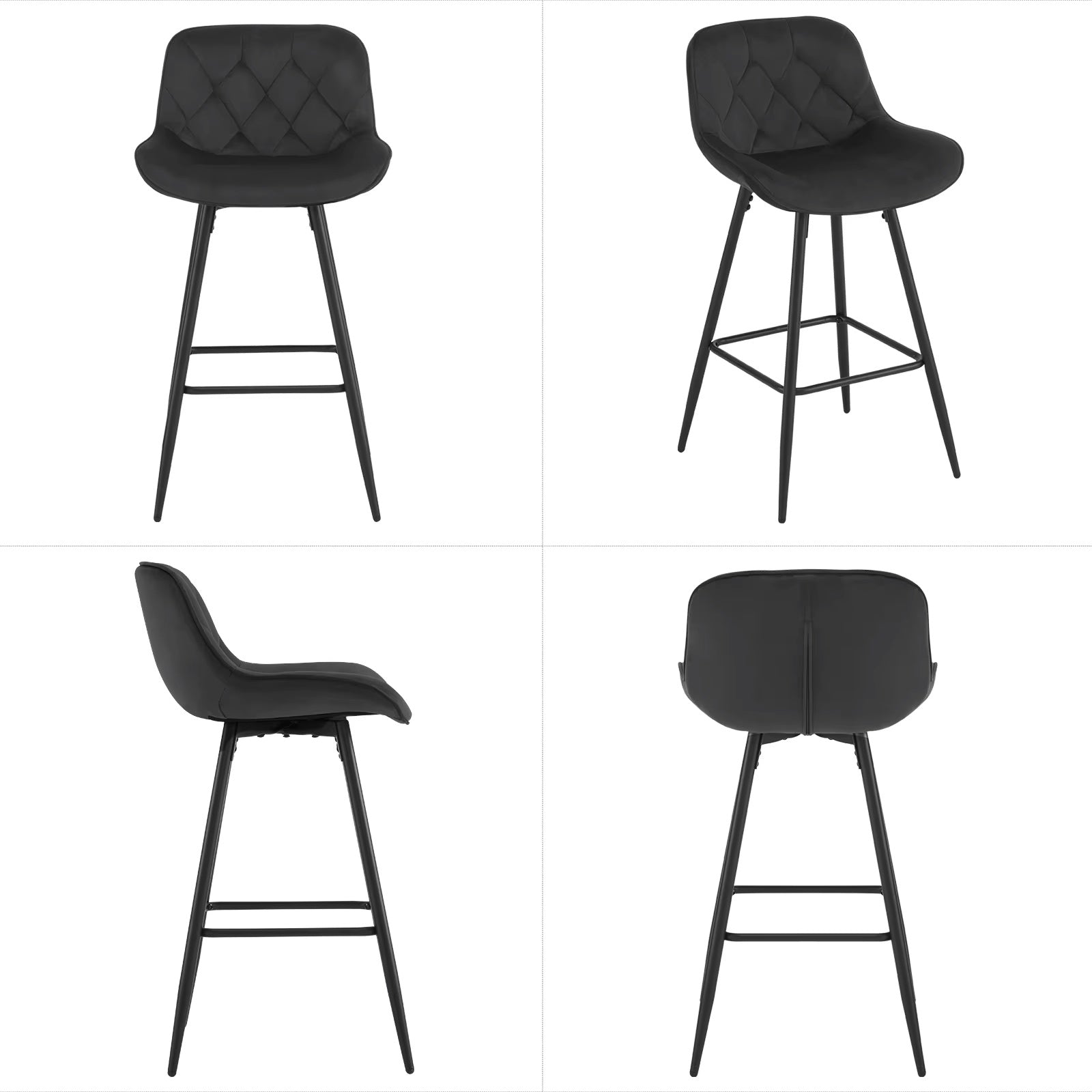 Set van 2 Fluwelen Barkrukken – Zwarte Gestoffeerde Barstoelen met Rugleuning