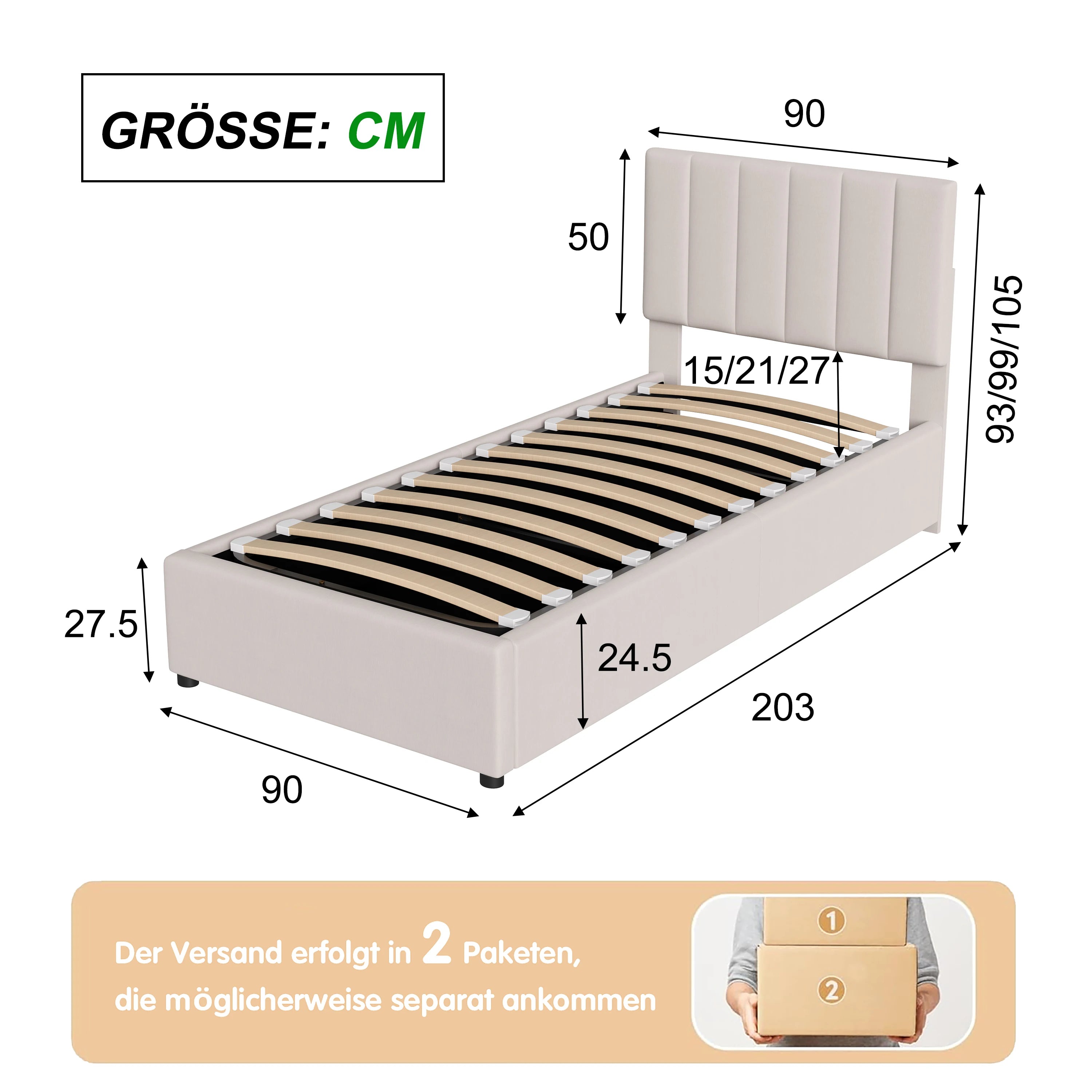 Gestoffeerd Kinderbed 90x200 cm met Opbergruimte – Comfortabel & Functioneel Eenpersoonsbed