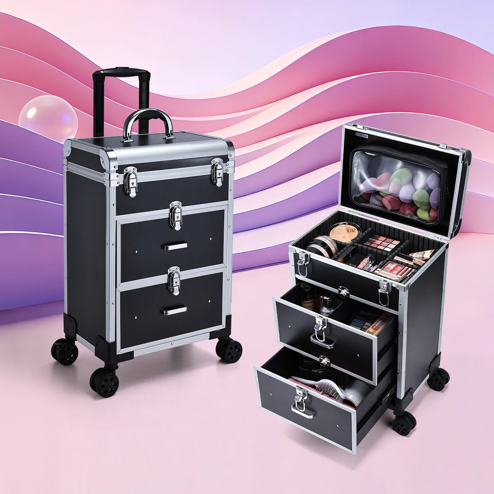 Professionele Cosmetica Trolley met Slot – Grote Make-up Train Case met Lades en Wielen – Duurzaam PVC Organizer voor Visagisten en Make-up Lovers