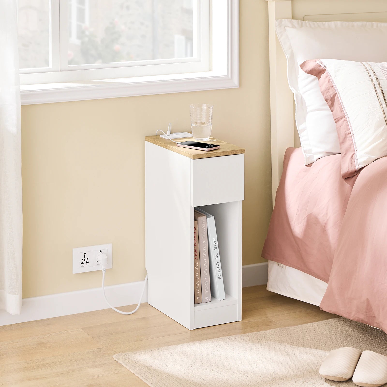 Modern smal nachtkastje met lade en opbergruimte – strak wit design