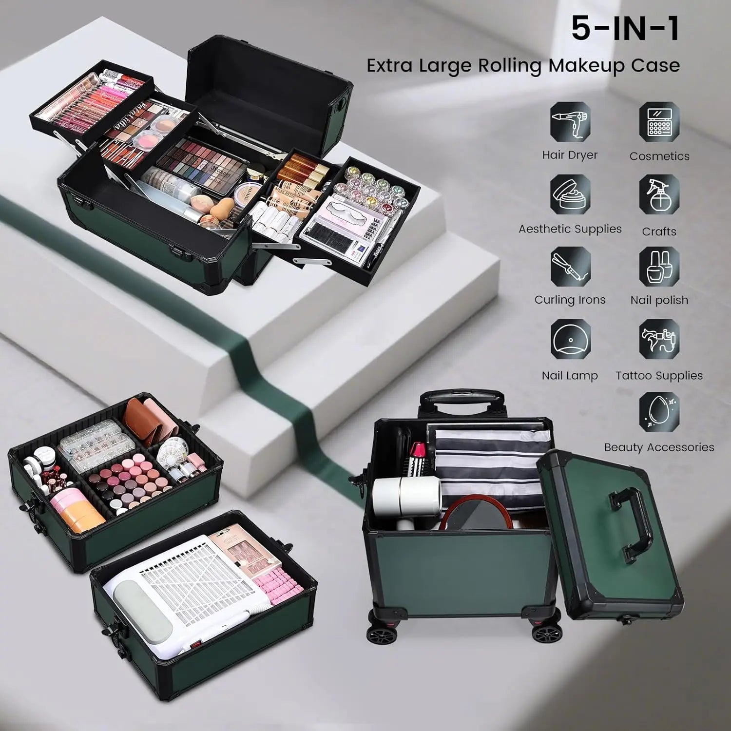 Professionele Rollende Make-up Koffer 5-in-1 – Groot, Duurzaam en Lichtgewicht Trolley voor Cosmetica en Beauty Accessoires