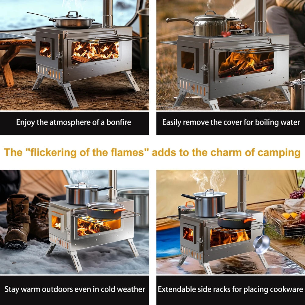 Draagbare RVS Camping Houtkachel met Schoorsteen – Tentkachel voor Kamperen, Backpacken & Outdoor Koken