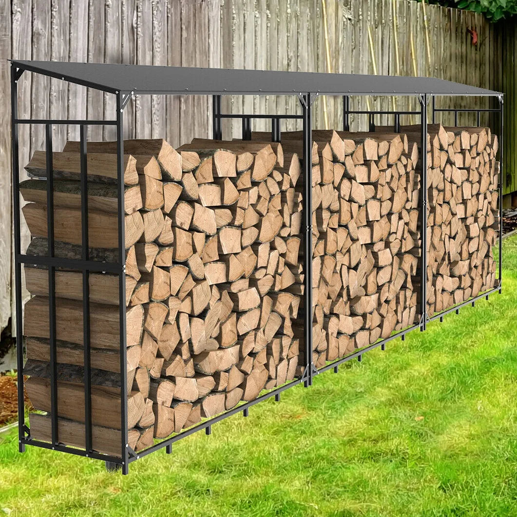 XXL Metalen Haardhoutrek met Dak en Beschermhoes – Heavy Duty Houtopslag voor Buiten, Tuin en Terras