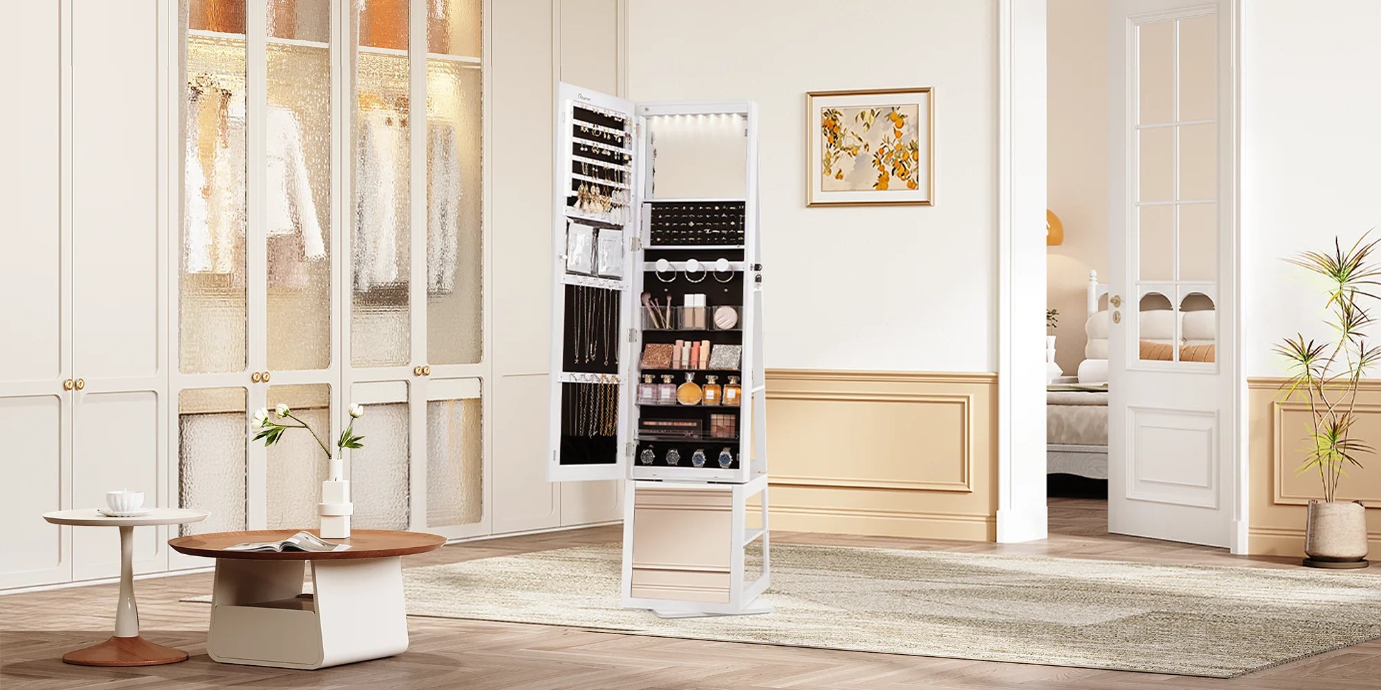 Sieradenkast met Spiegel 360° Draaibaar – Staande Sieraden Organizer met LED Verlichting & Opbergruimte