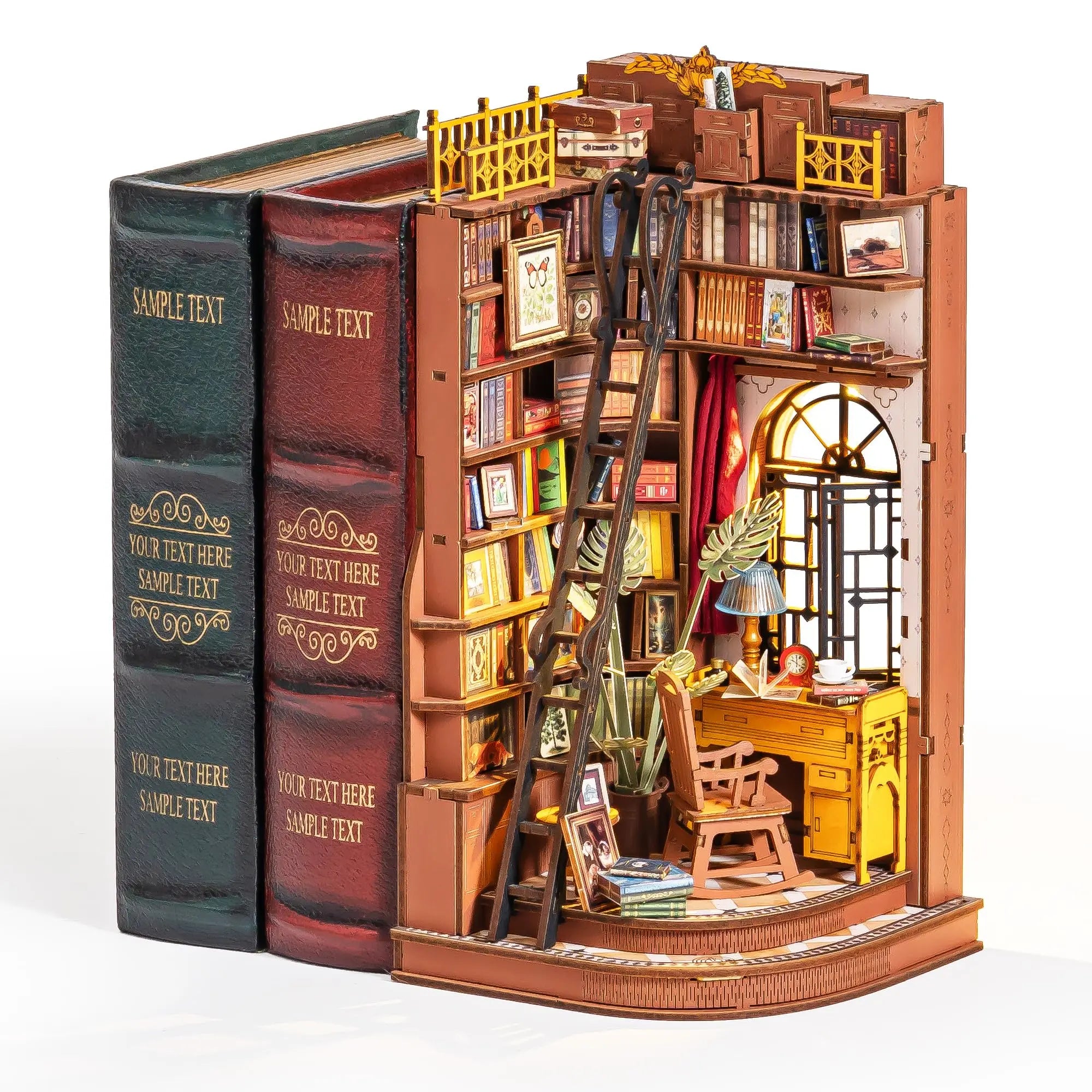 DIY Book Nook Miniatuur Bibliotheek met LED Verlichting – Britse Stijl Boekensteun Bouwpakket – Decoratieve Boekenplank Insert voor Boekenkast