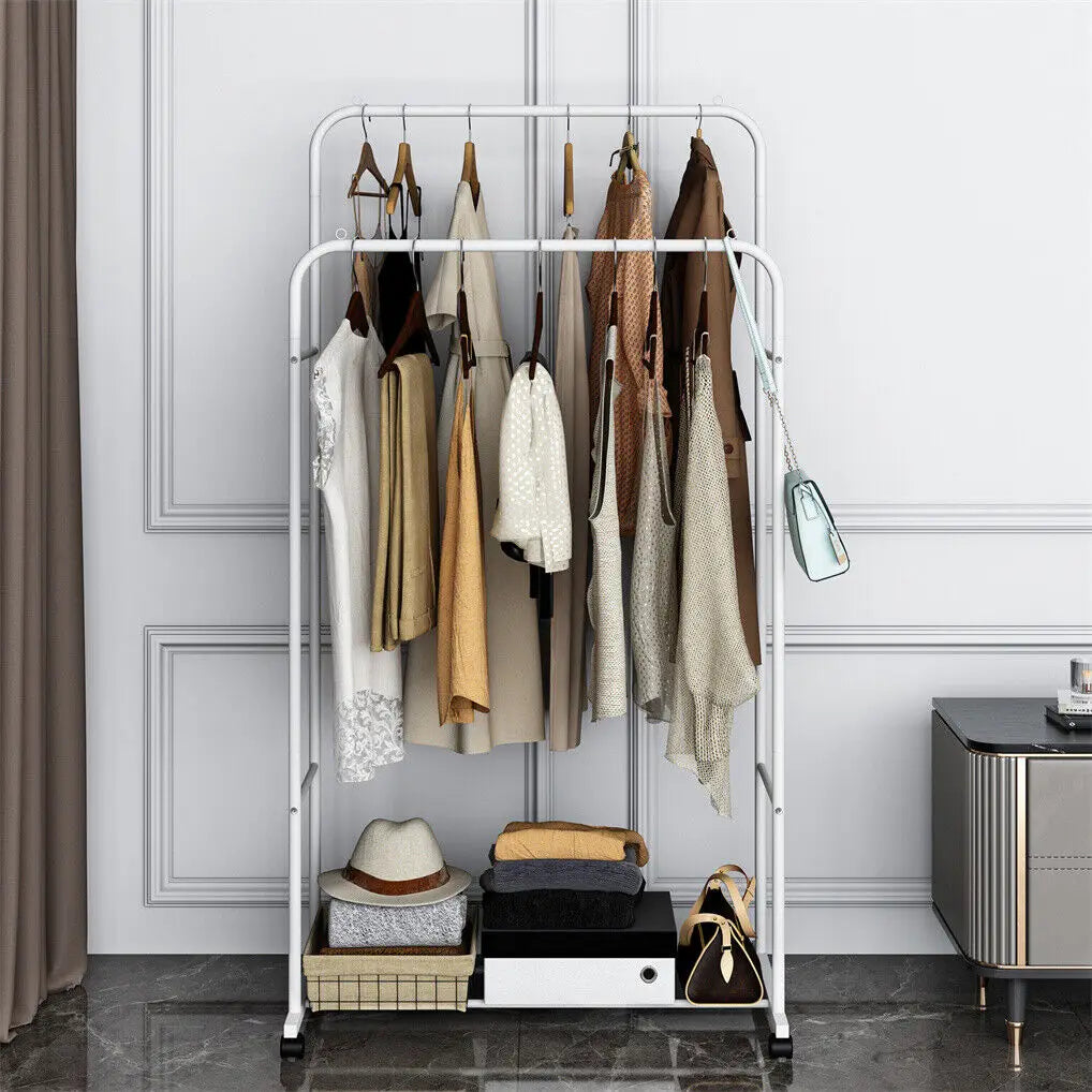 Heavy Duty Kledingrek op Wielen – Dubbele Stangen met Opbergrek voor Slaapkamer, Wasruimte en Winkel