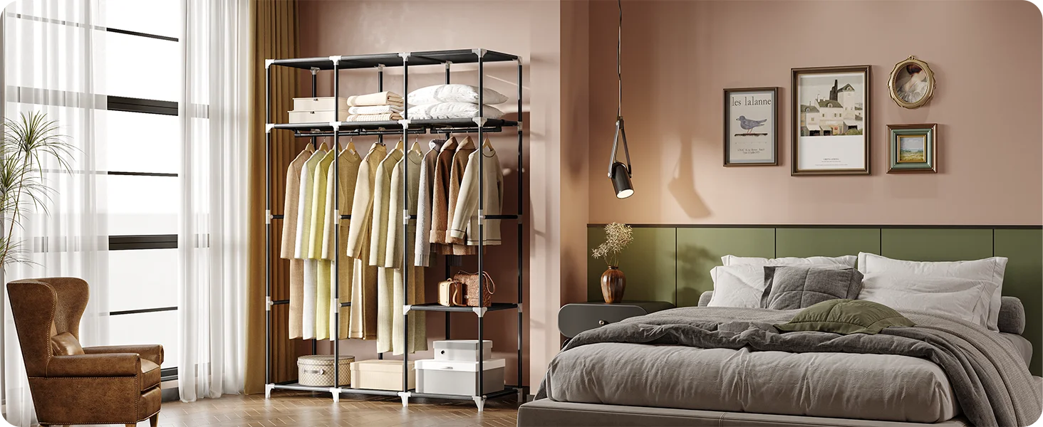 Vrijstaande stoffen kledingkast 130 cm – 3 hangstangen & 9 vakken – garderoberek organizer voor slaapkamer & thuisopslag