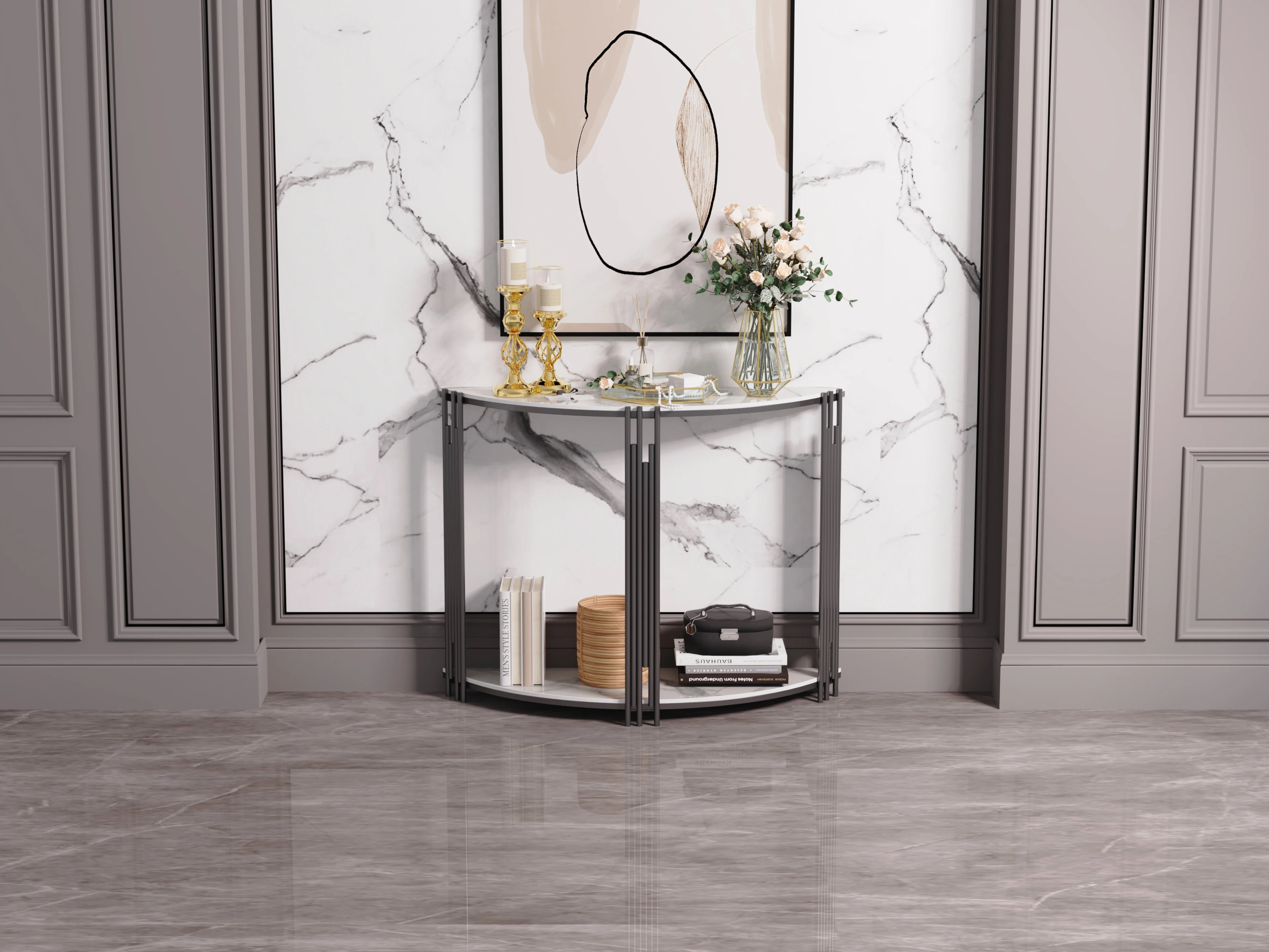 Half Moon Console Tafel van Echt Marmer Look – Moderne Haltafel met 2 Lagen voor Entree & Woonkamer