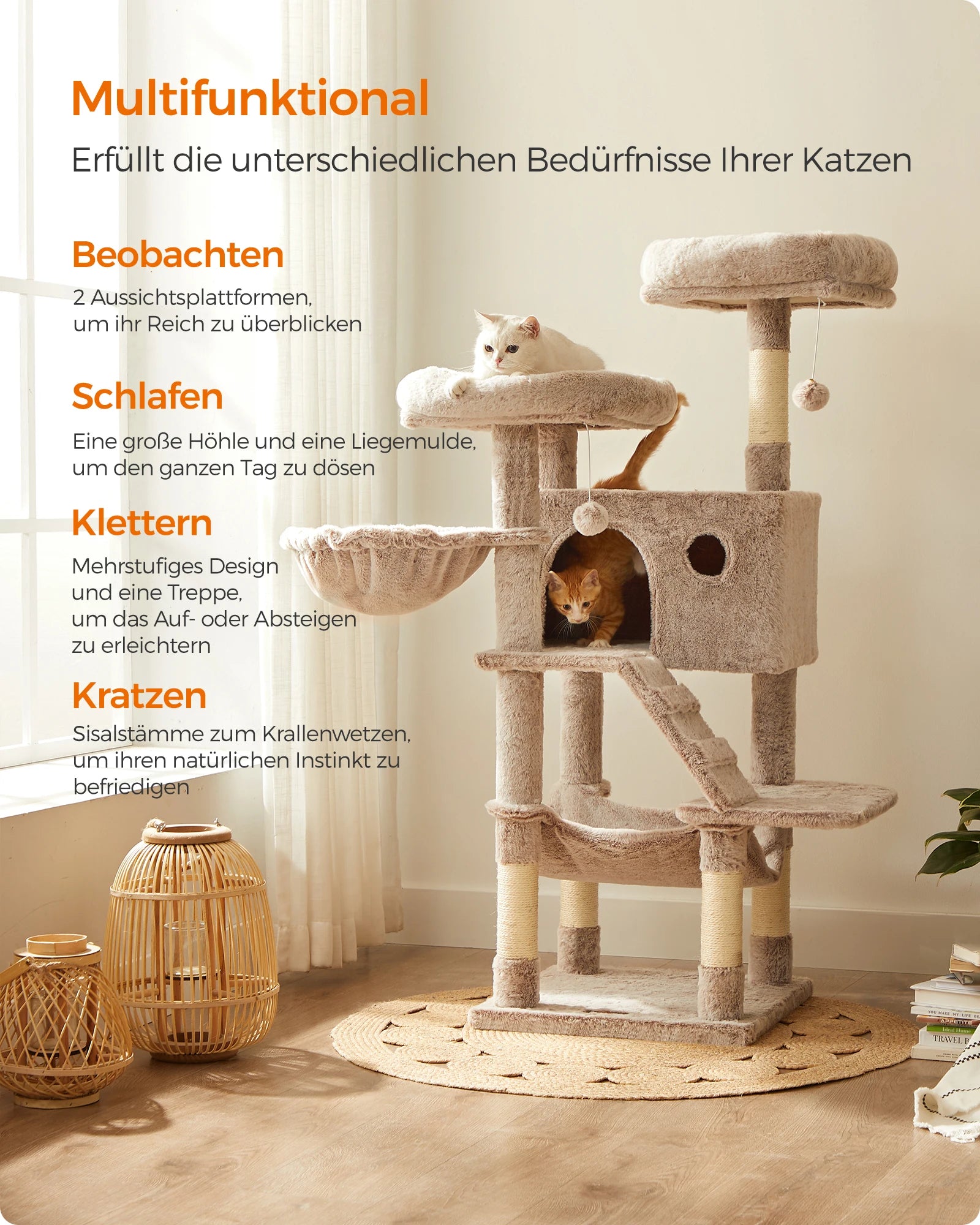 Grote Krabpaal voor Katten 135 cm – Luxe Kattenboom met Zachte Pluche, Hangmat en Huisje – Stevig en Stabiel Design