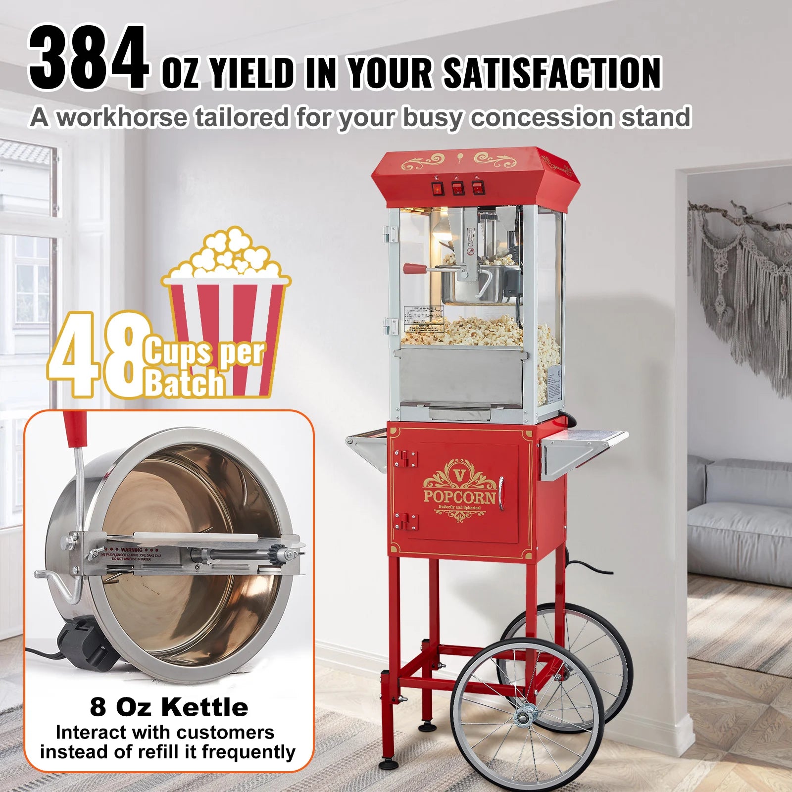 Professionele Popcornmaker met Kar – 8oz Ketel, 4 Schepjes – Commerciële Popcornmachine voor Evenementen en Kermissen