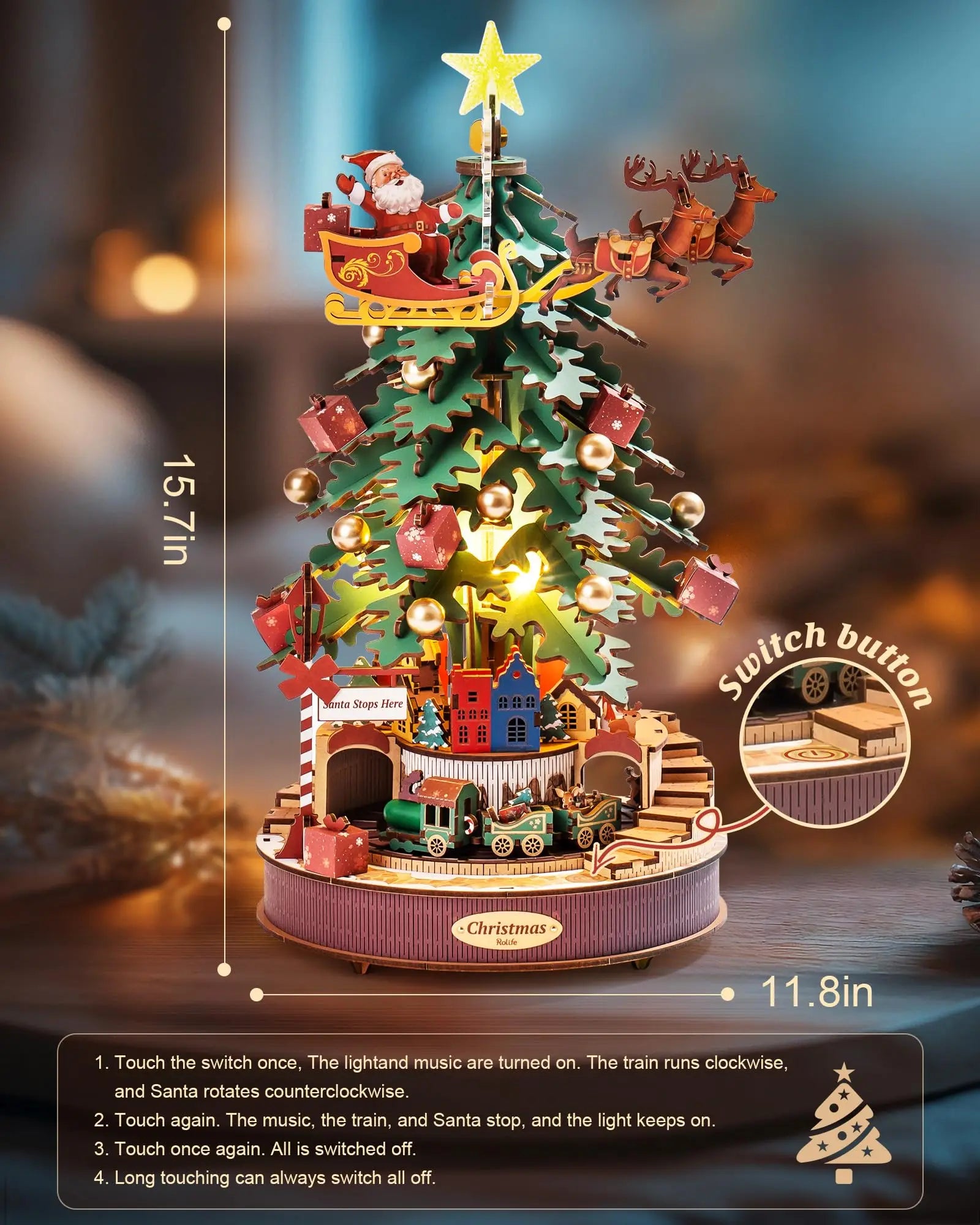 3D Houten Kerstboom Muziekdoos met Licht – DIY Kerstpuzzel met Kerstmelodieën – Decoratieve Kerst Muziekdoos voor Tafeldecoratie en Cadeau