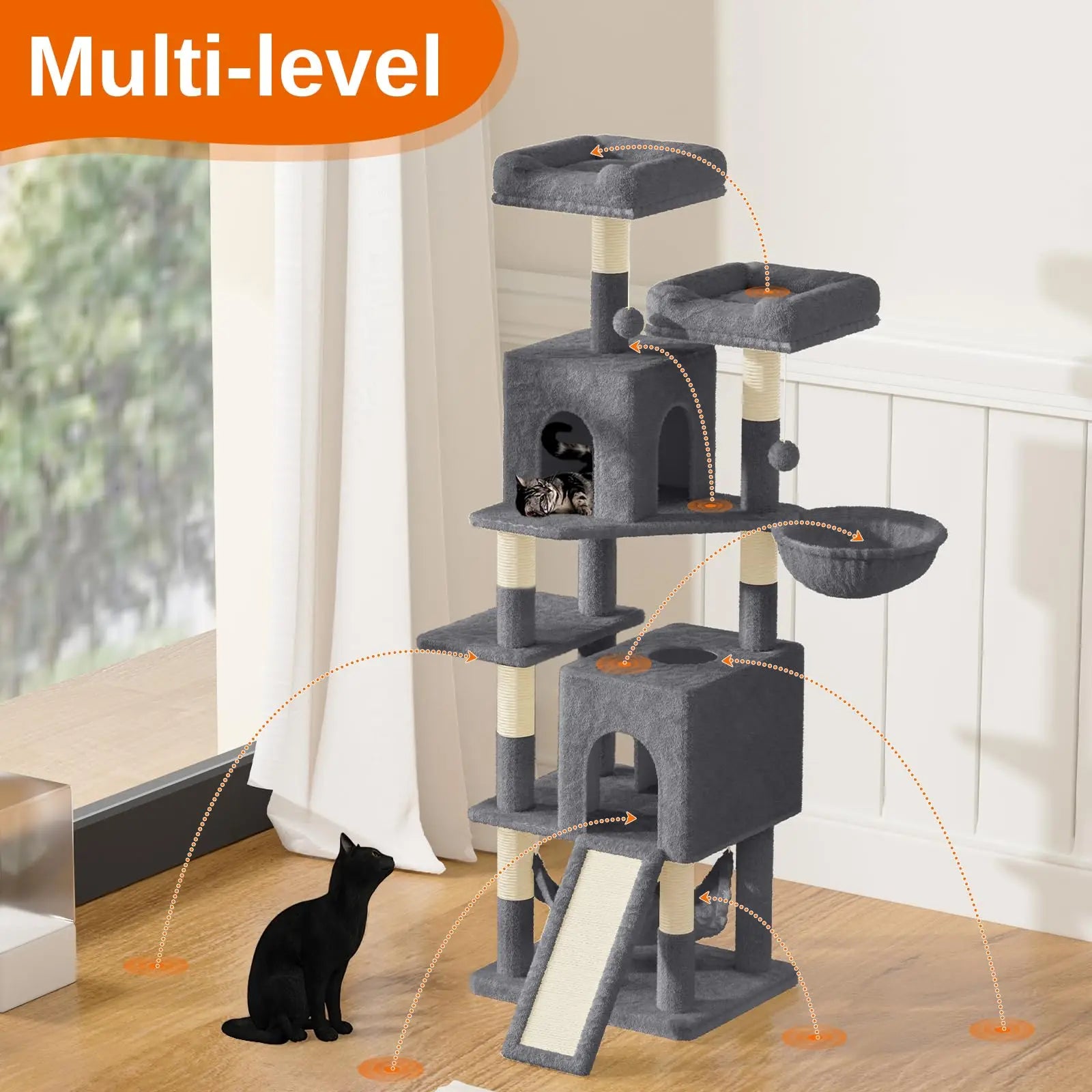 Katten Krabpaal 158 cm – Grote Kattenboom met 2 Huisjes, 2 Hangmatten & 7 Sisal Krabpalen – Luxe Klimtoren voor Binnenkatten