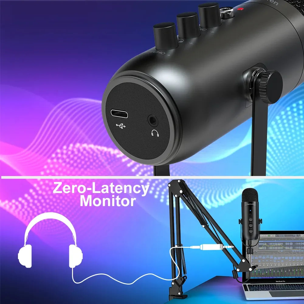 USB condensator microfoon set met boom arm – Cardioïde studio microfoon voor podcast, streaming en gaming