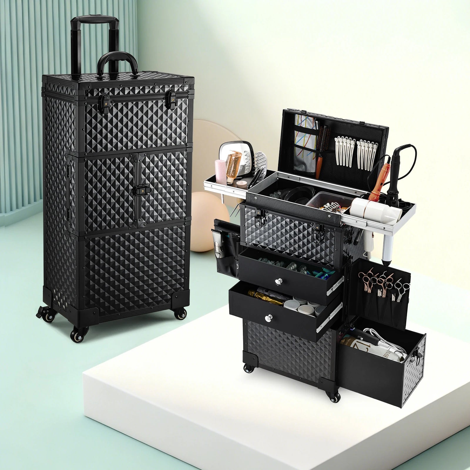 Professionele Make-up Koffer Trolley met Slot en Wielen – Cosmetica Organizer 56-75L – Rollende Beauty Case voor Kapper en Visagist