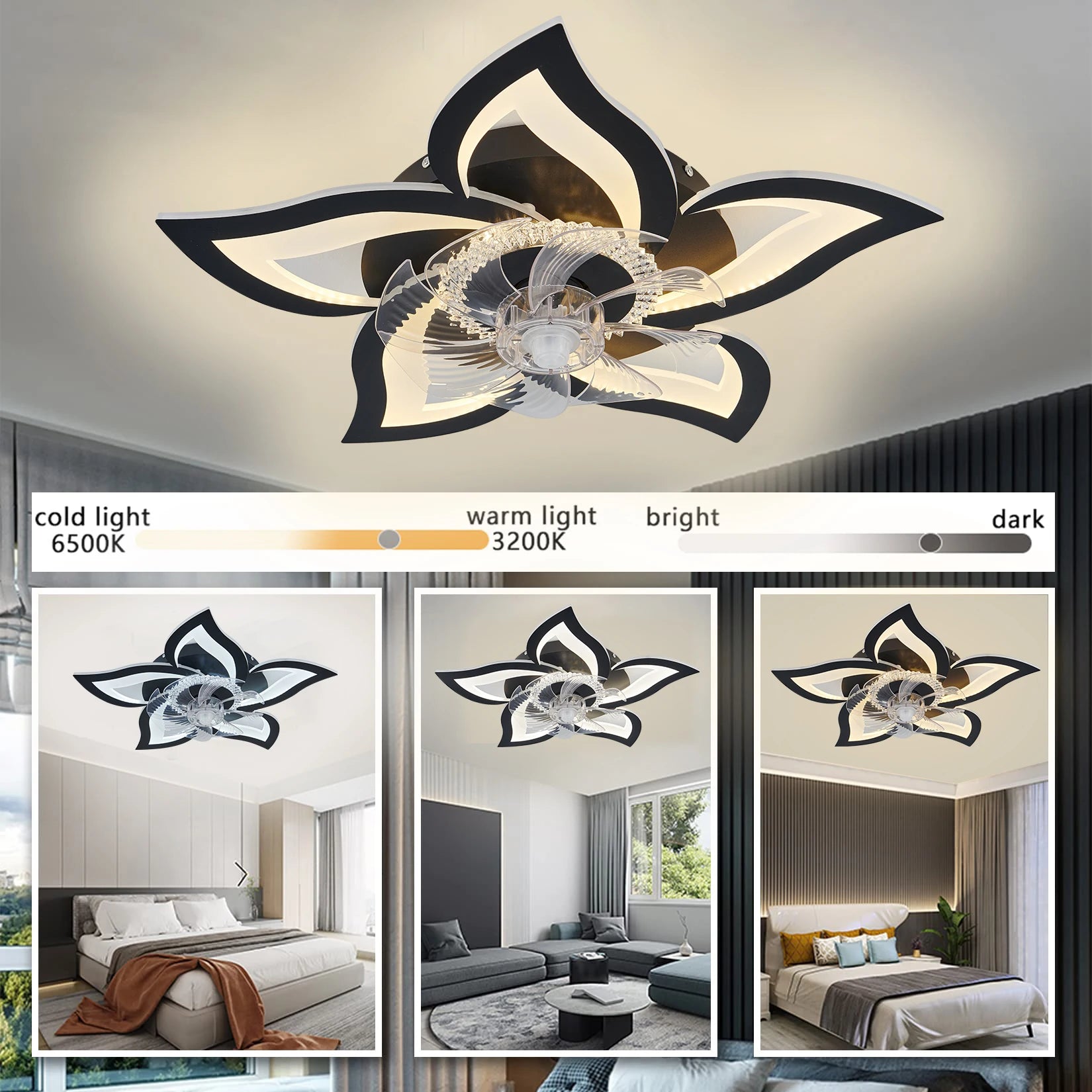 Moderne 2-in-1 Plafondventilator met LED Lamp – Dimbaar, 6 Snelheden, Stil Design (Wit/Zwart)