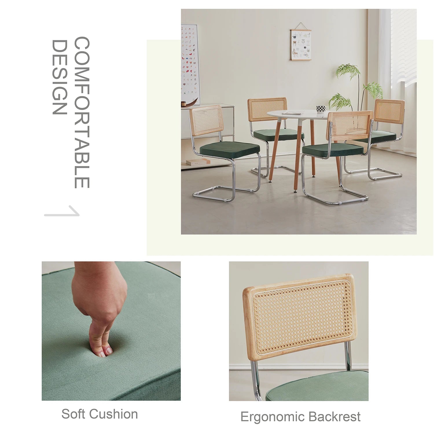 Rotan Eetkamerstoelen Set van 2 of 4 – Retro Design met Velvet Zitting en Metalen Frame