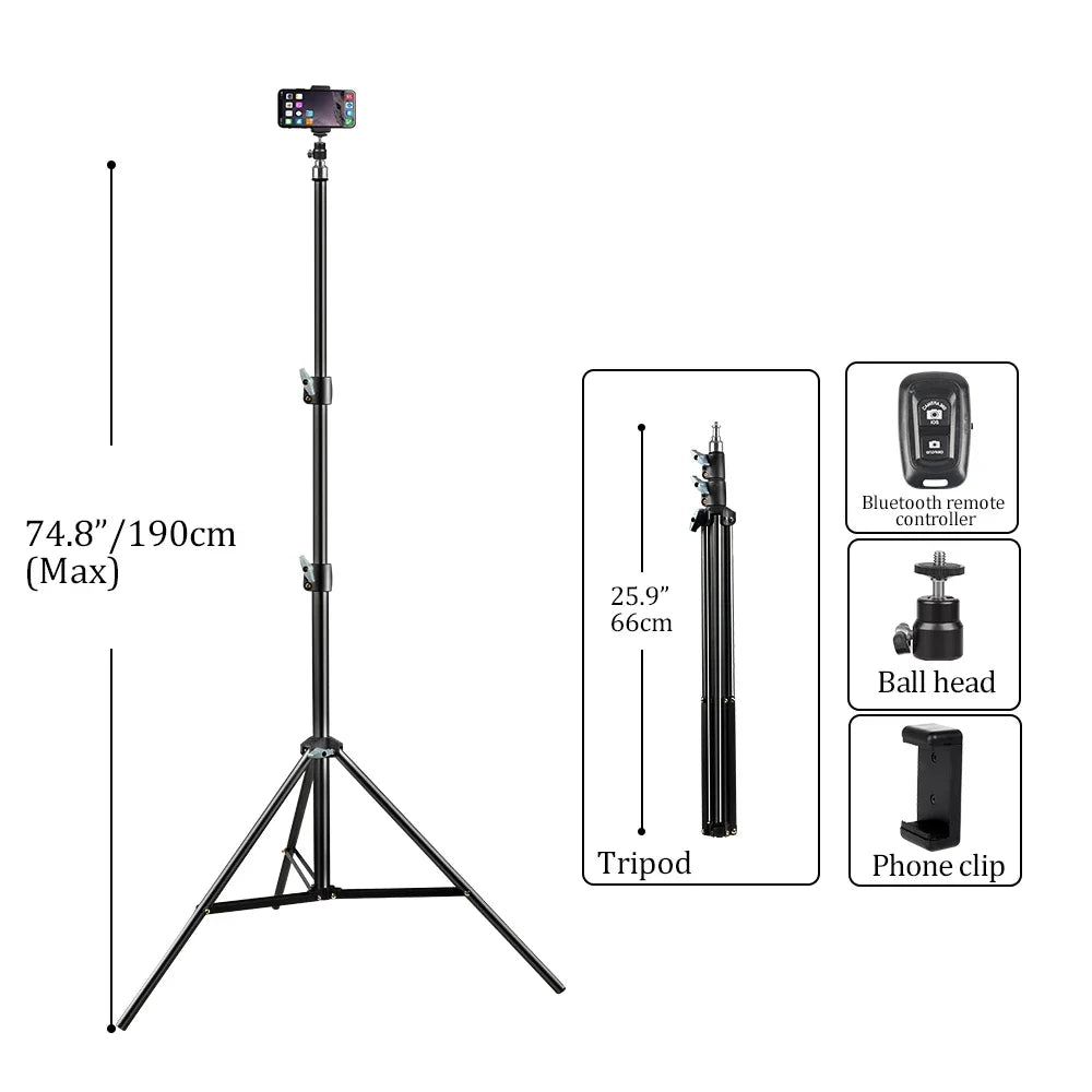 Draagbaar Selfie Lichtstatief 37–200 cm – Verstelbaar Tripod voor Smartphone, Camera en LED Ringlicht