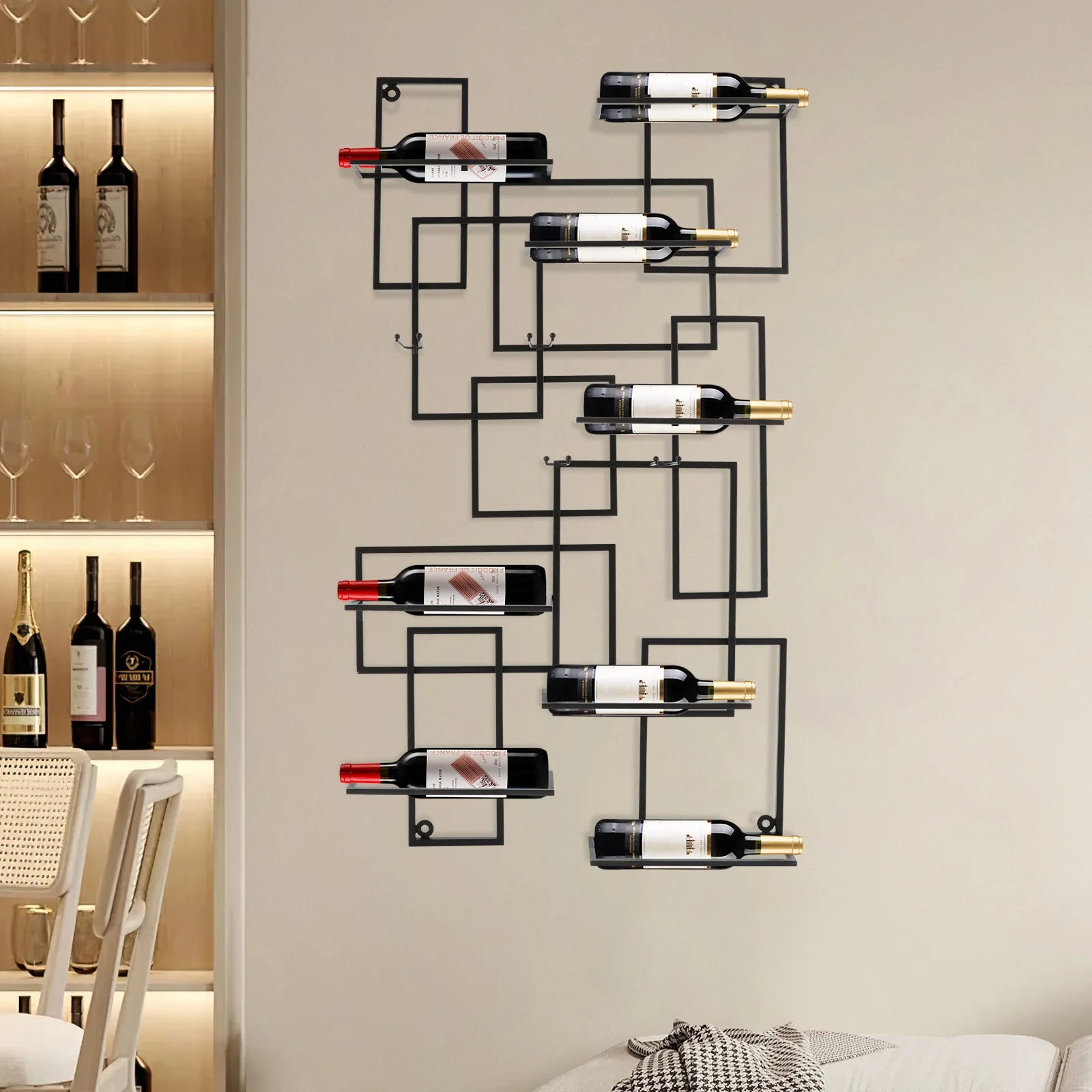 Wand Wijnrek Metaal Zwart – Modern Geometrisch Design – Wijnrek voor 10 Flessen – Industrieel & Luxe Wanddecoratie