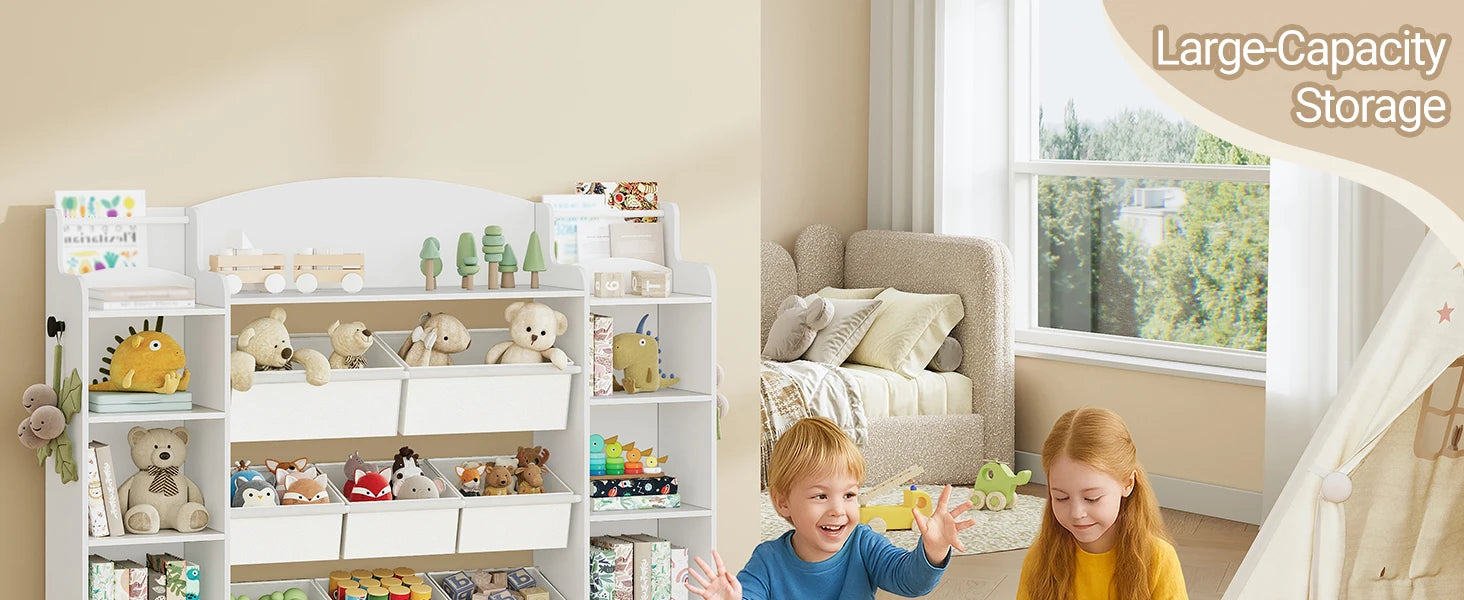 Kinderboekenkast met Opbergbakken – Houten Speelgoedkast met 8 Stoffen Lades & 9 Vakken – Kinderkamer Organizer Wit