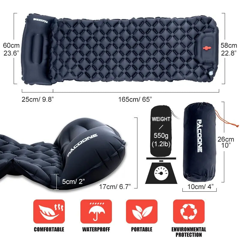 Opblaasbaar Ultralicht Slaapmatje met Ingebouwd Kussen en Pomp – Comfortabel Outdoor Slaapsysteem