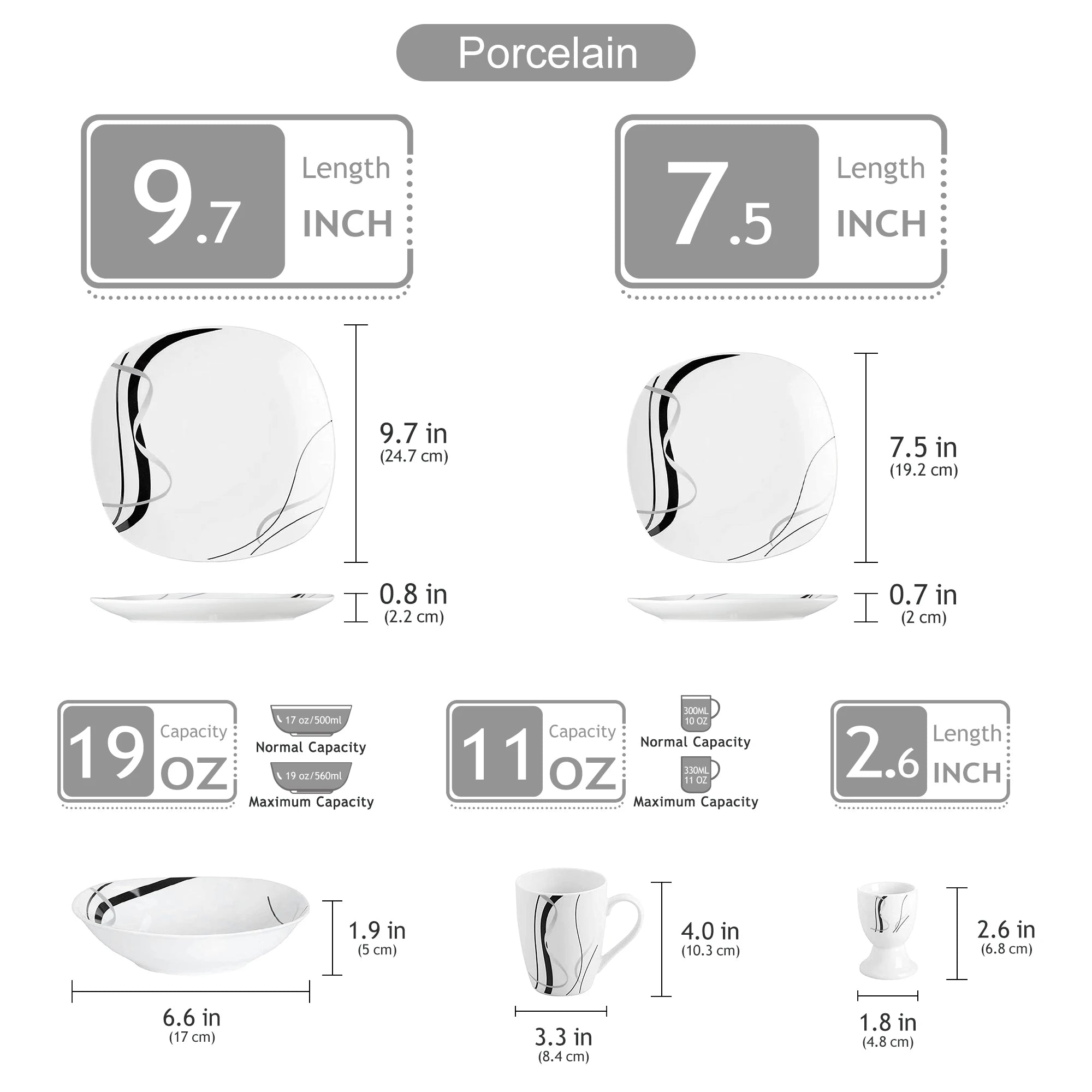 20-delige Serviesset Zwart Gestreept Porselein – Modern Servies voor 4 Personen – Vaatwasserbestendig