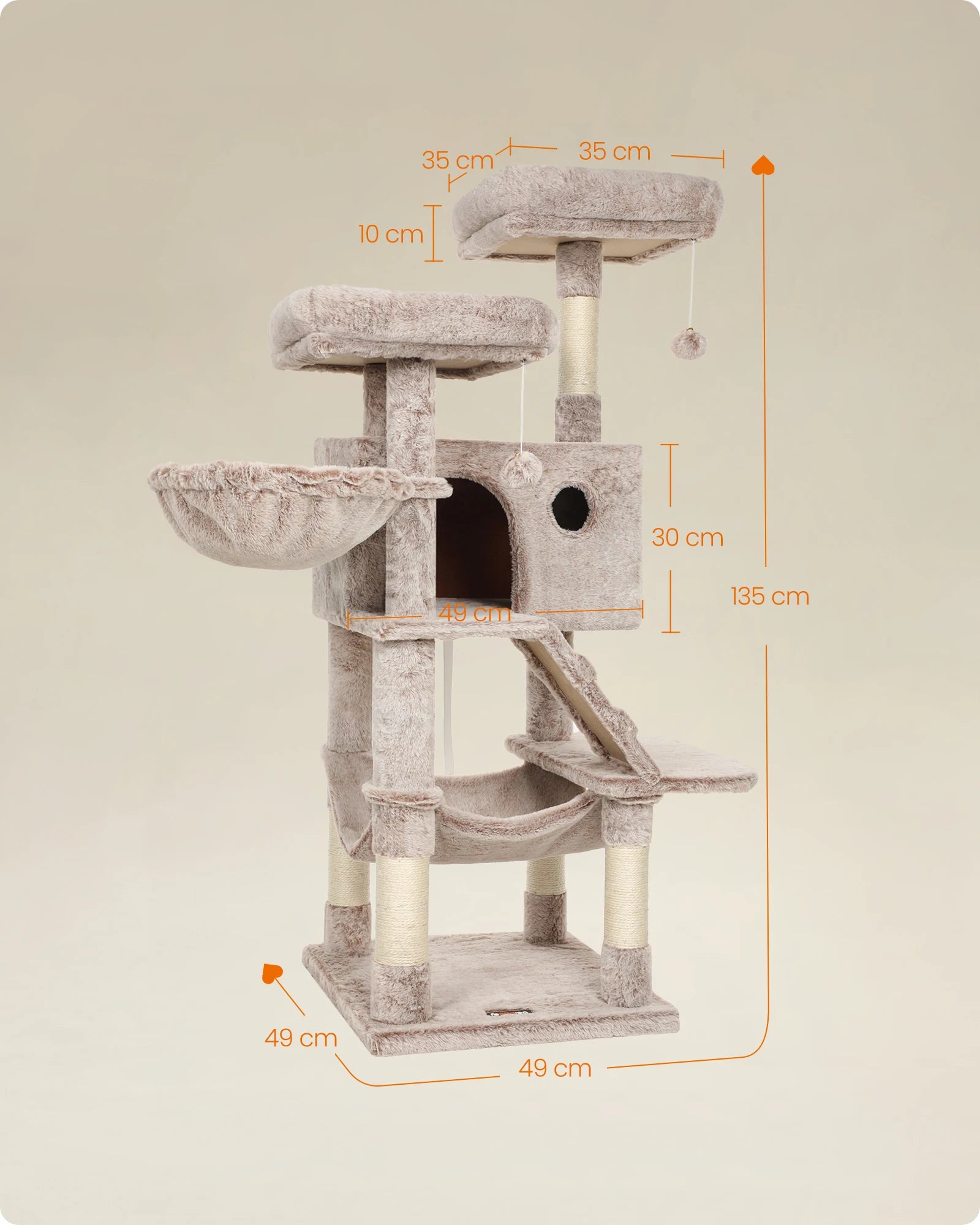 Grote Krabpaal voor Katten 135 cm – Luxe Kattenboom met Zachte Pluche, Hangmat en Huisje – Stevig en Stabiel Design