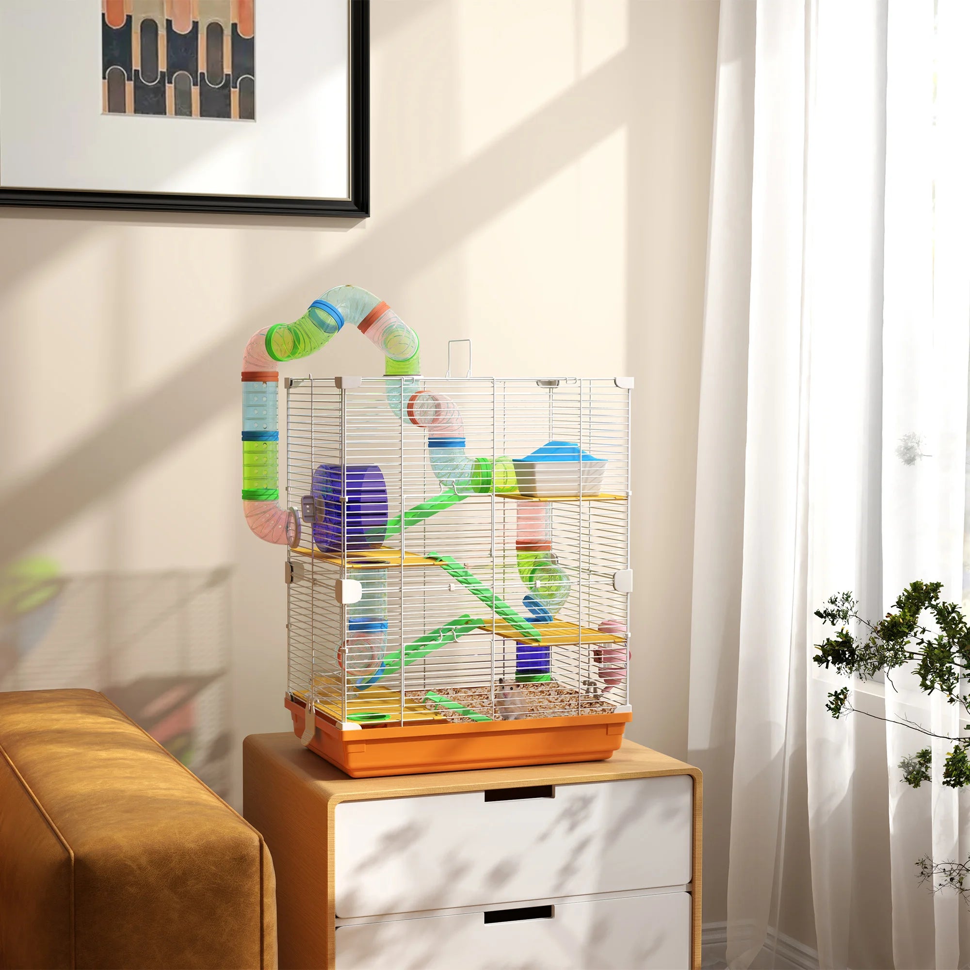 Luxe Hamsterkooi met Tunnel en Drinkbak – 5-Laags Knaagdierverblijf – 46x30x58 cm – Antraciet/Blauw