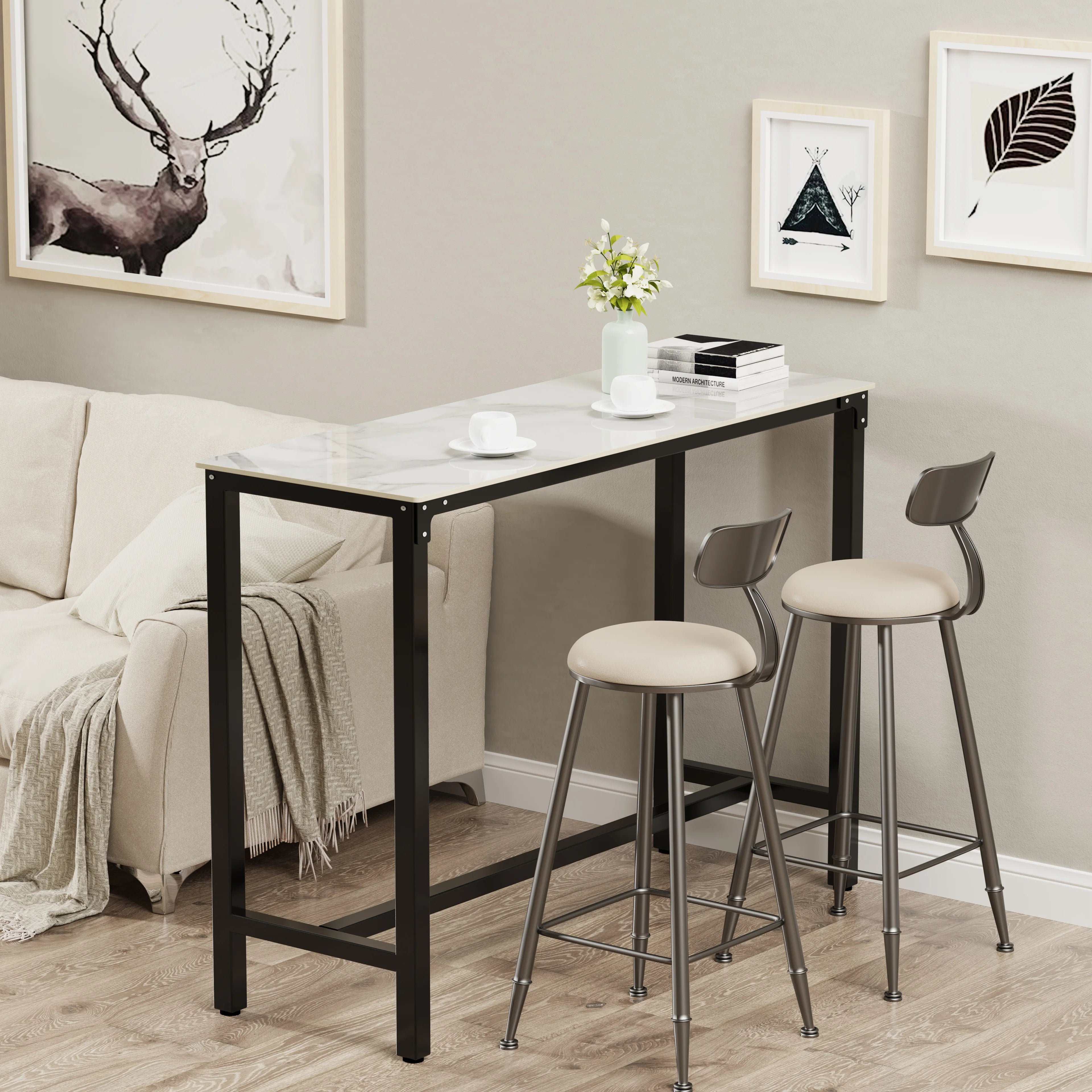 Sintersteen Bartafel Wit – Luxe Counterhoogte Bartafel met Stalen Frame (105 cm)