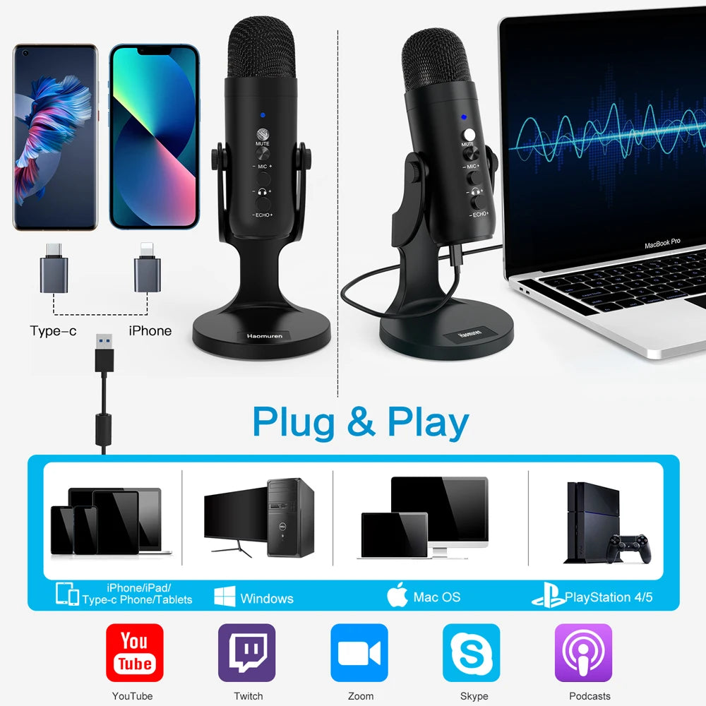 USB Microfoon voor PC, Mac, Gaming, Podcast en Streaming – Condenser Microfoon met Telefoonadapter en Hoofdtelefoonuitgang