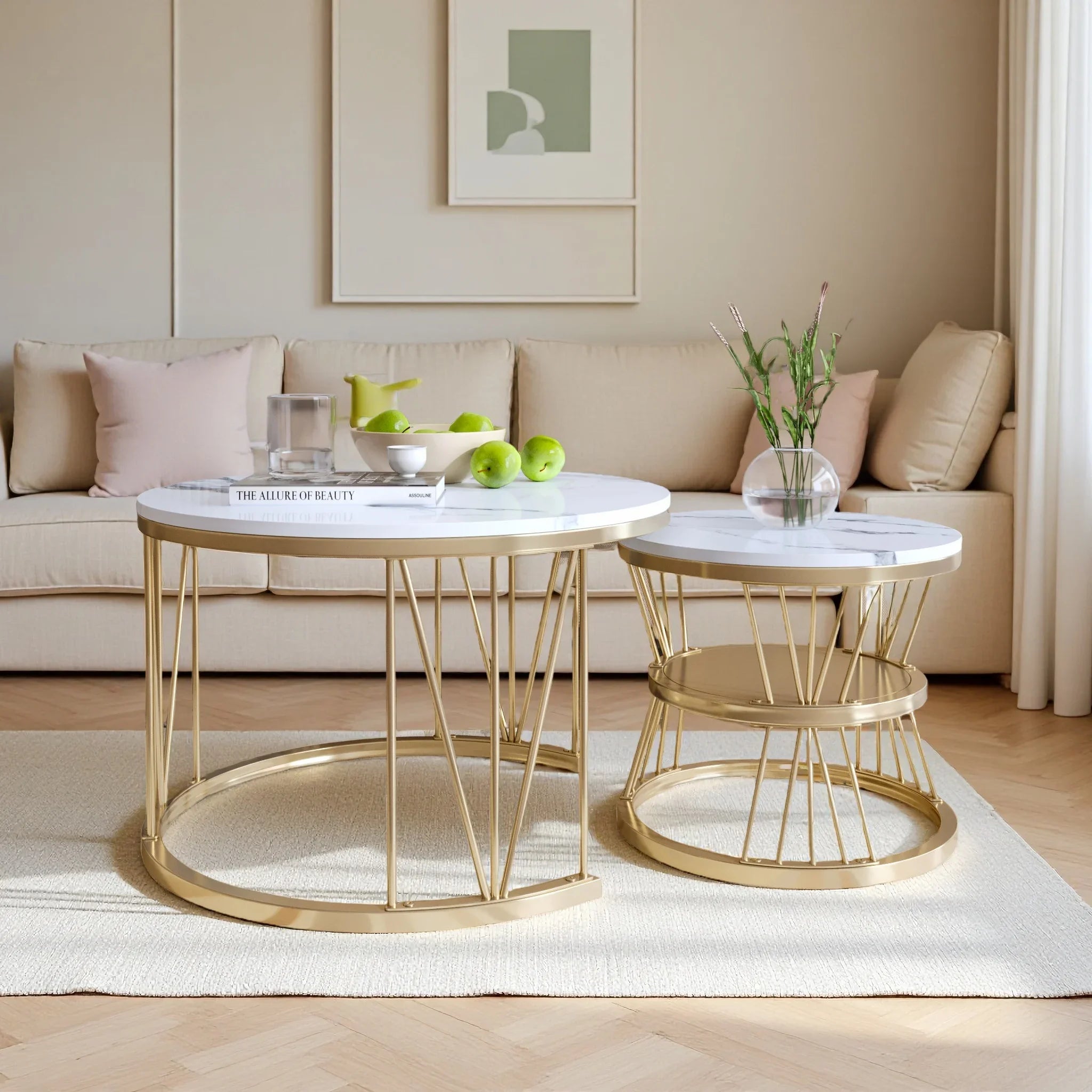 Set van 2 Ronde Marmeren Koffietafels – Goud/Wit – Luxe Salontafel Set