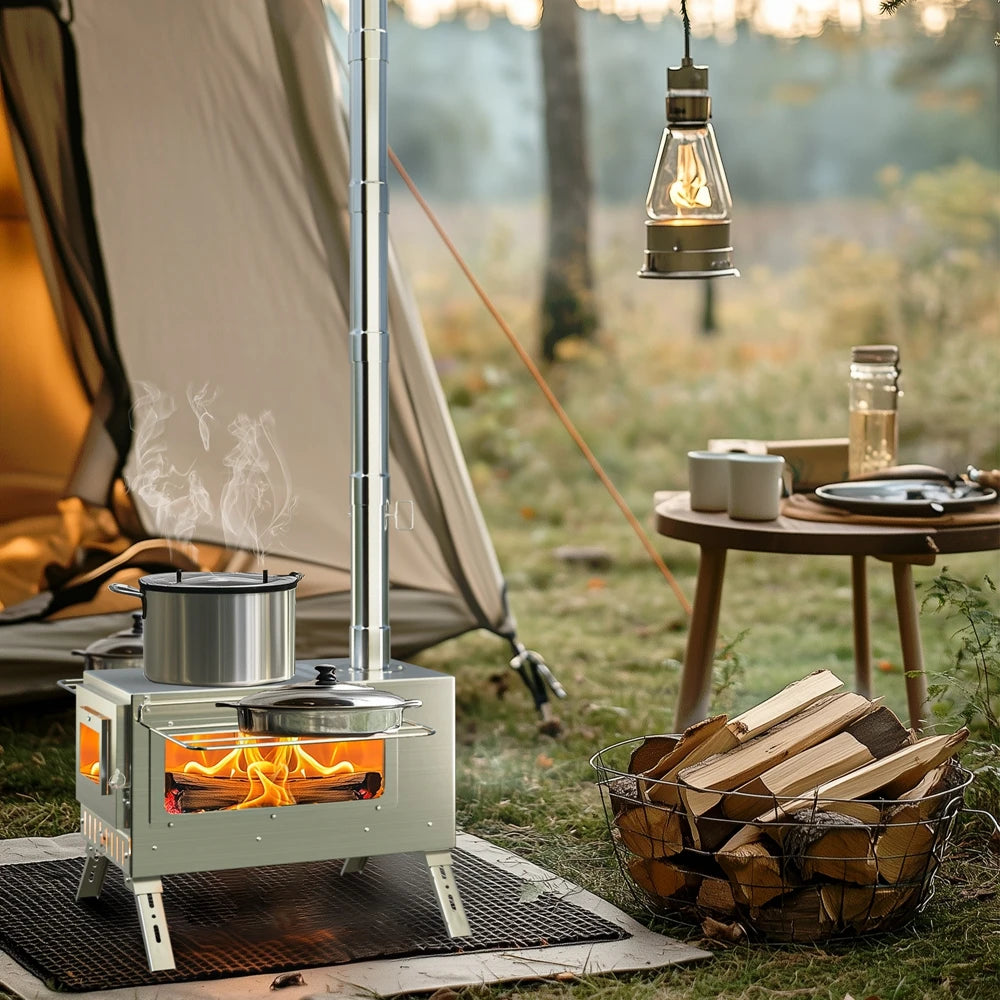 Draagbare RVS Camping Houtkachel met Schoorsteen – Tentkachel voor Kamperen, Backpacken & Outdoor Koken