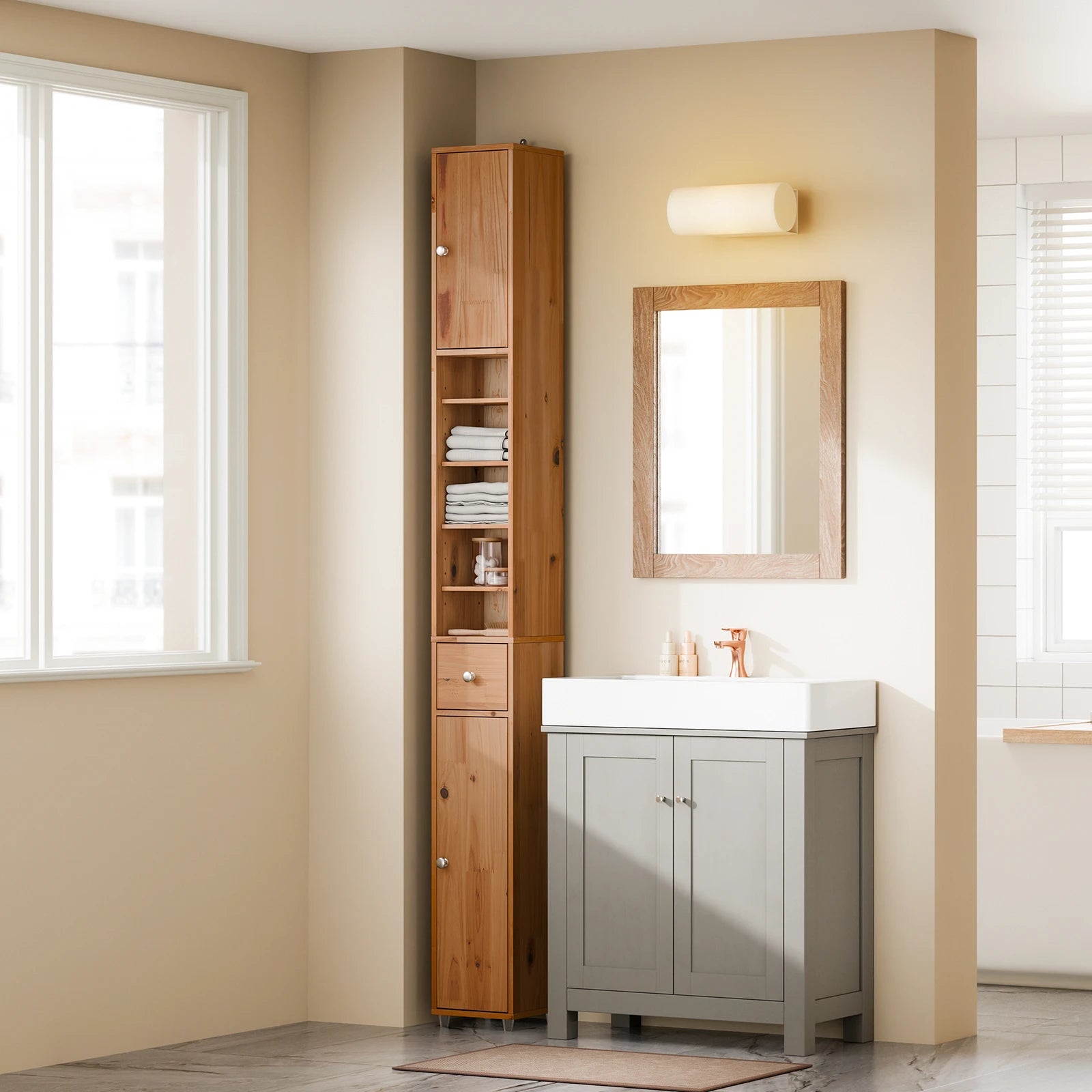 Hoge, Smalle Badkamerkast 20×180×20 cm – Vochtbestendige Opbergkast met Lade en Verstelbare Planken