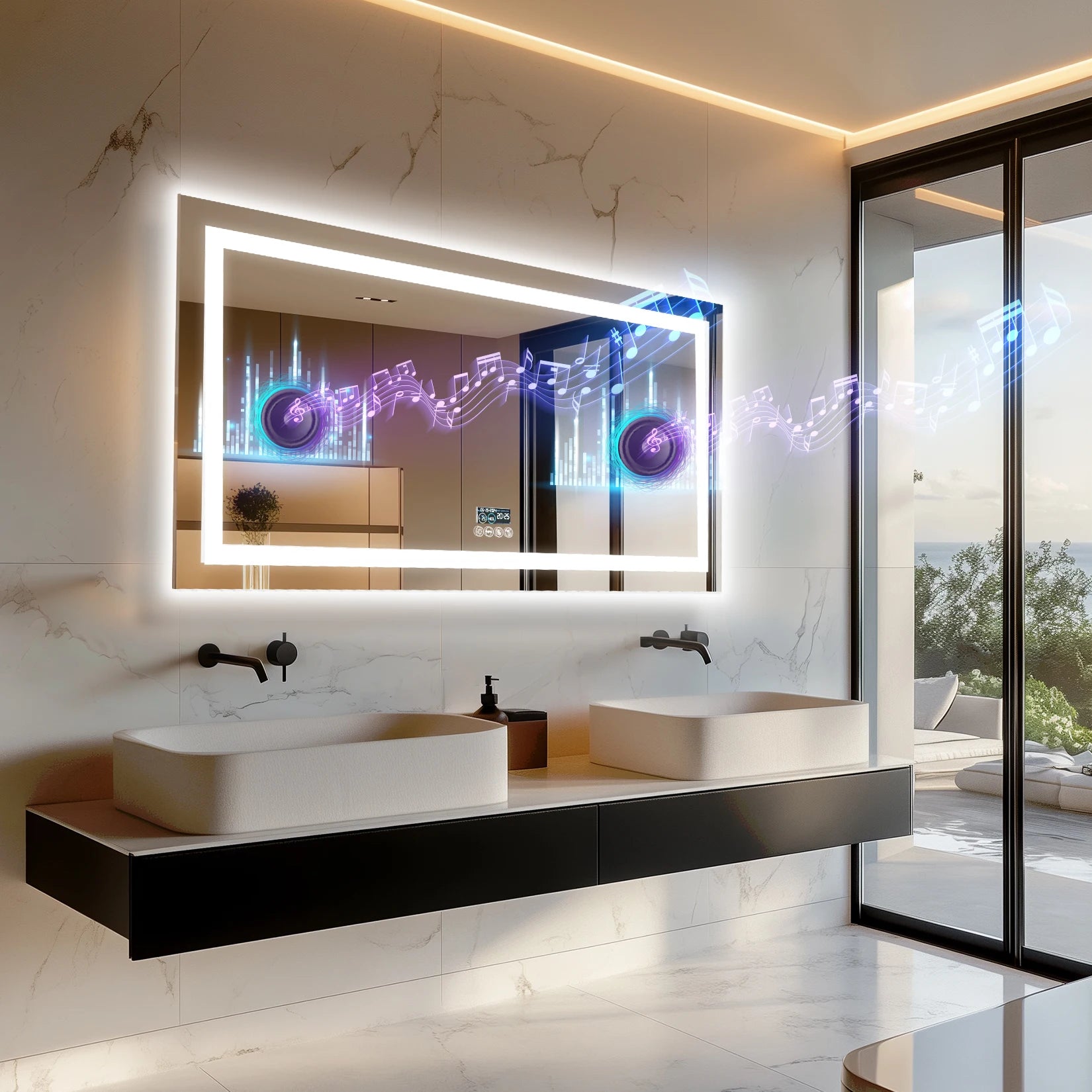 LED Badkamerspiegel met Bluetooth Speaker, Dimbare Verlichting, Anti-Condens & Display – Moderne Badkamerspiegel met Verlichting