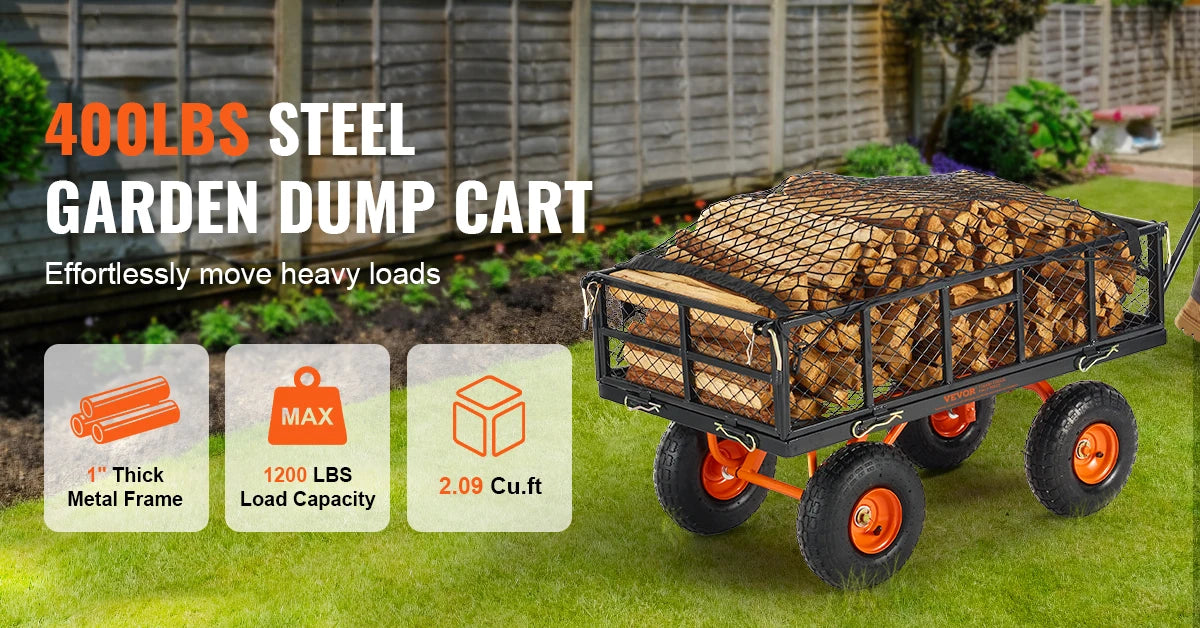Tuinkar Metalen Kiepwagen 400 kg – Stevige Tuinwagen met 360° Wielen en Afneembare Zijpanelen