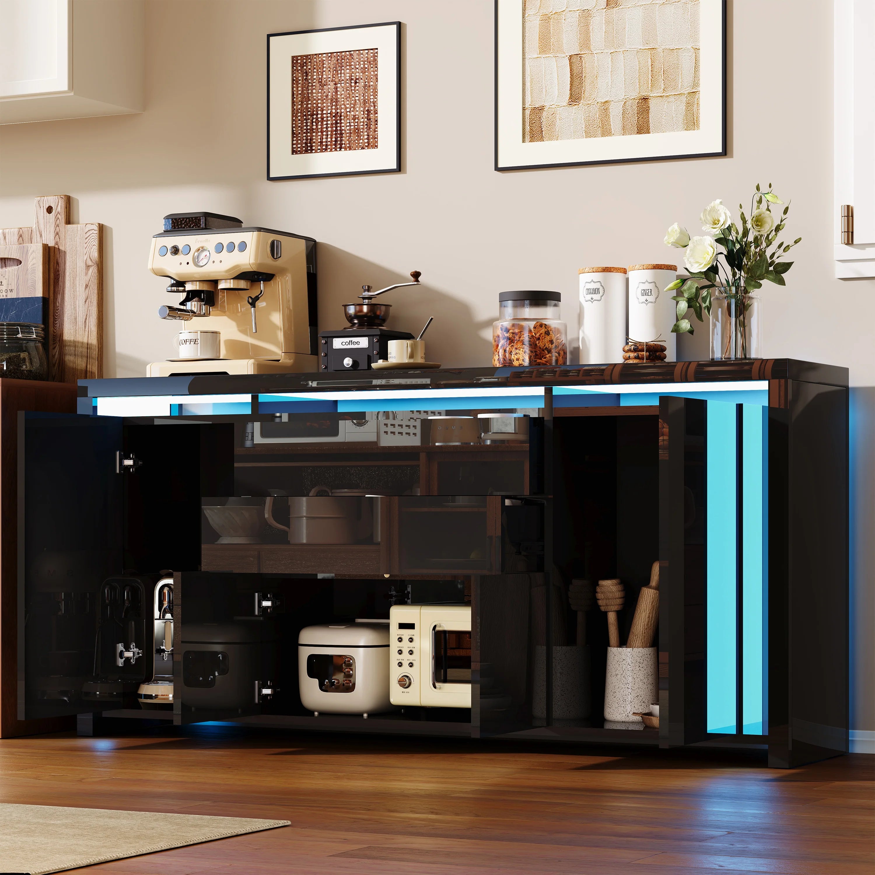 Hoogglans Buffetkast met LED Verlichting – Modern Dressoir met Opbergruimte