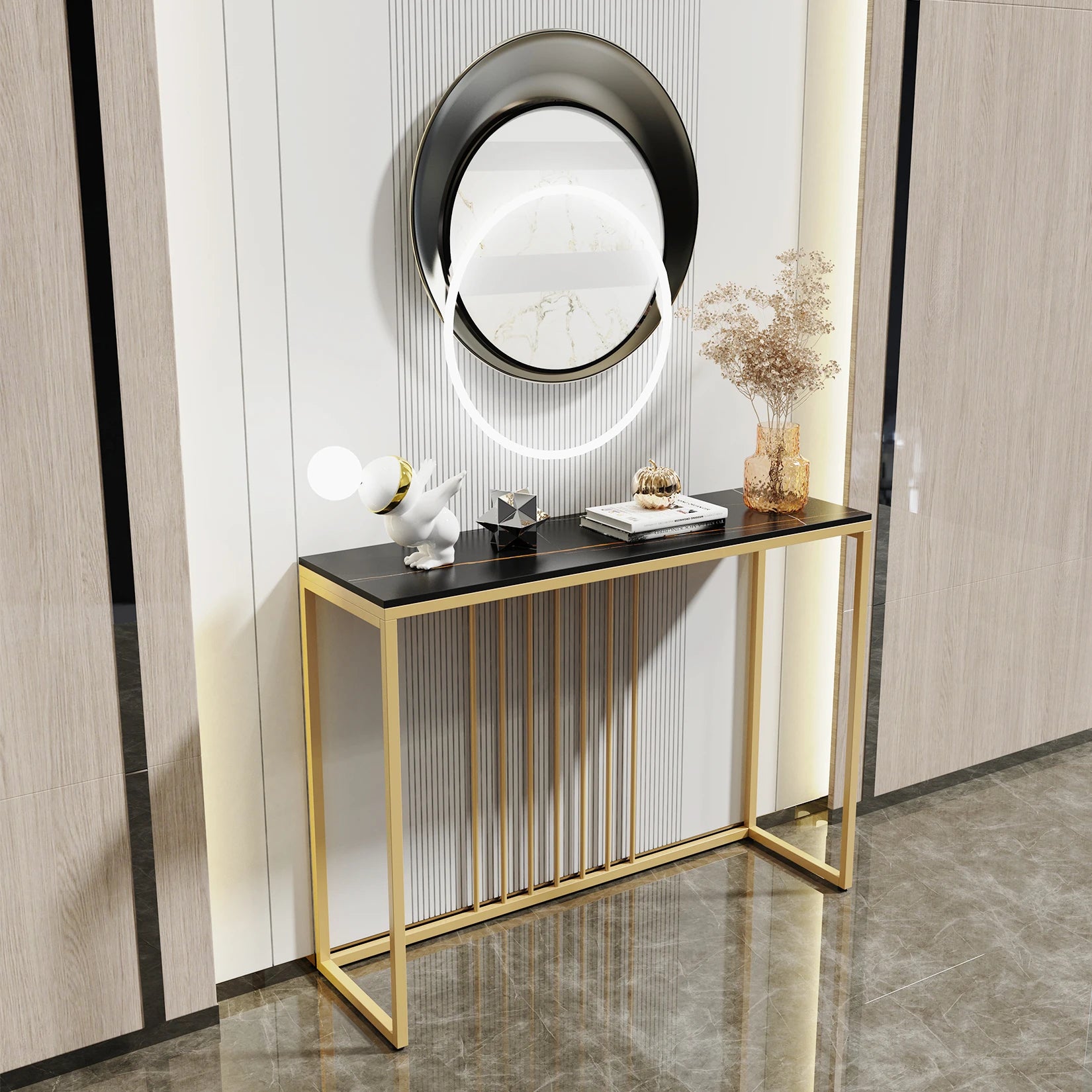 Moderne Marmeren Sidetable met Goud Frame – Smalle Console Tafel voor Hal, Entree en Woonkamer