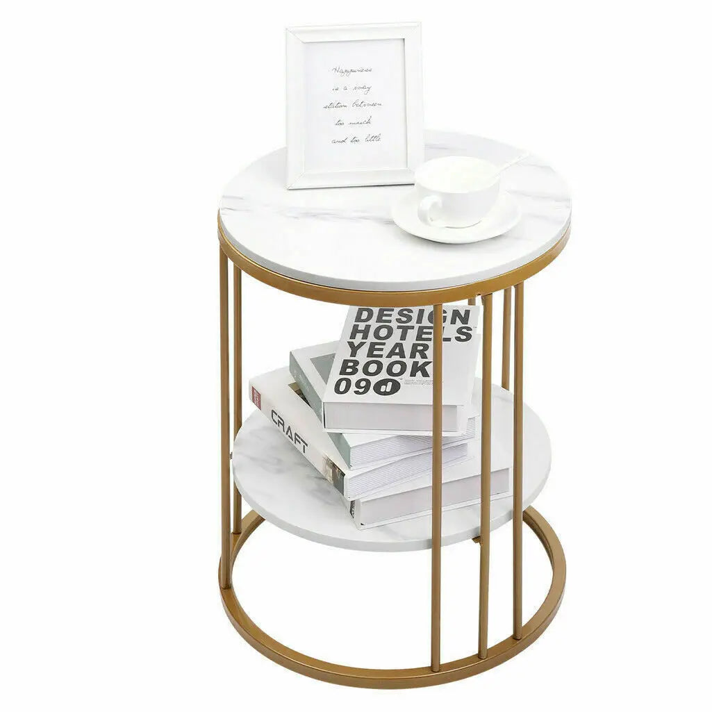 2-Laags Ronde Bijzettafel met Marmerlook – Moderne Salontafel & Nachtkastje met Opbergruimte – Wit Design